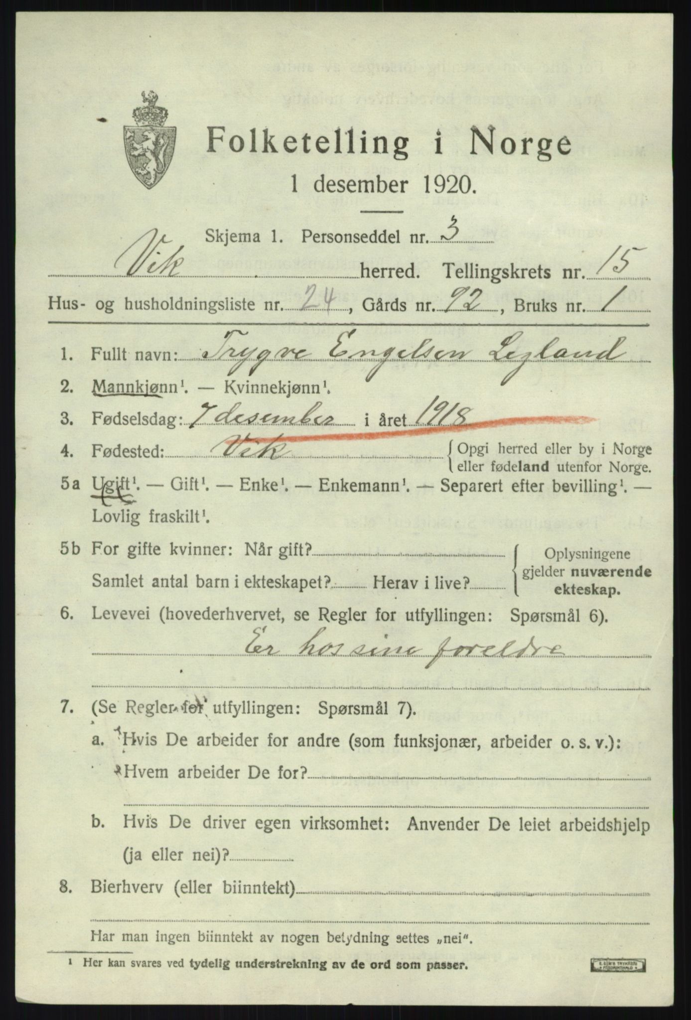 SAB, 1920 census for Vik, 1920, p. 8075