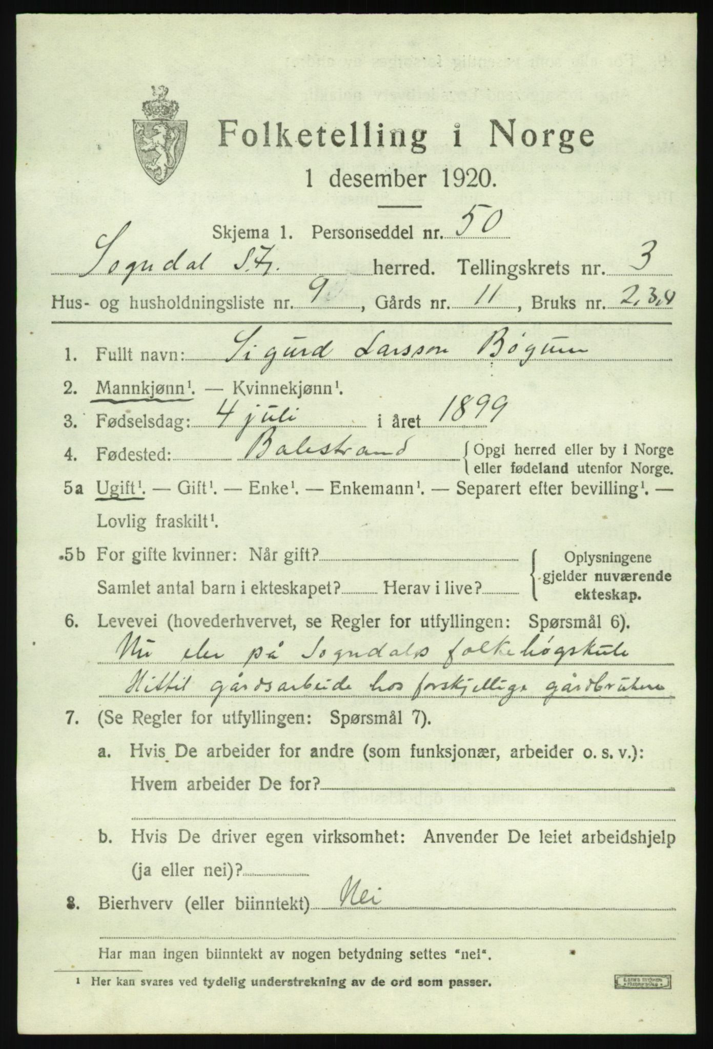 SAB, 1920 census for Sogndal, 1920, p. 2299