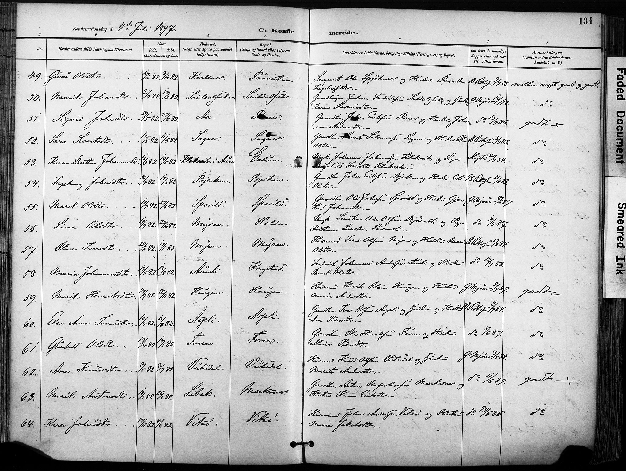 Ministerialprotokoller, klokkerbøker og fødselsregistre - Sør-Trøndelag, SAT/A-1456/630/L0497: Parish register (official) no. 630A10, 1896-1910, p. 134