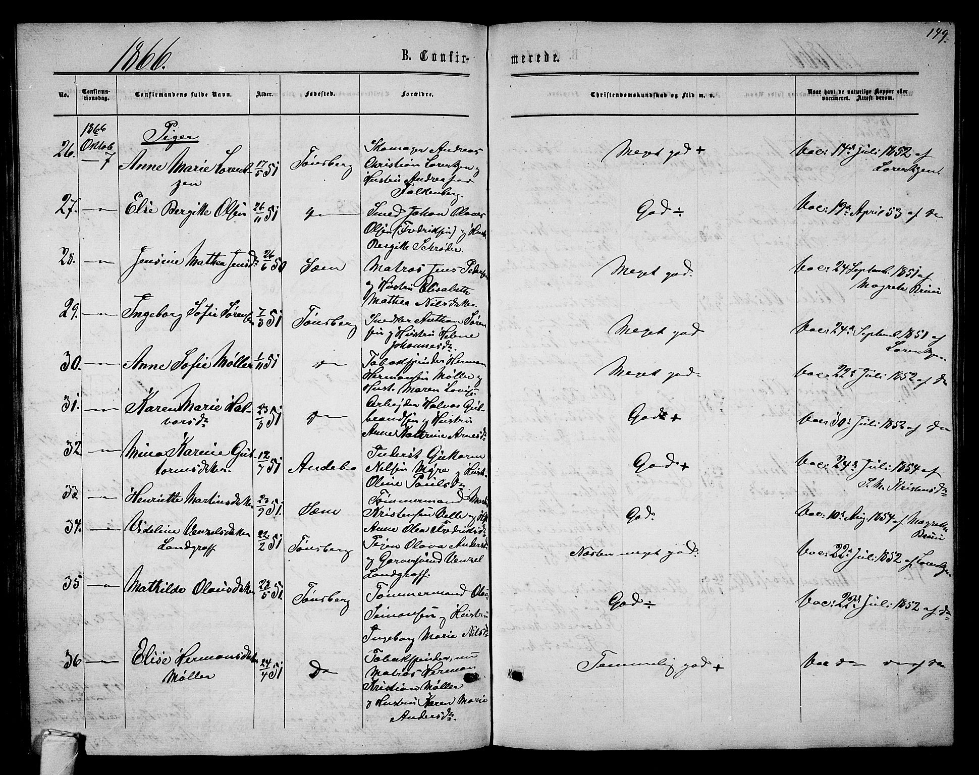 Tønsberg kirkebøker, SAKO/A-330/G/Ga/L0004: Parish register (copy) no. 4, 1865-1874, p. 149