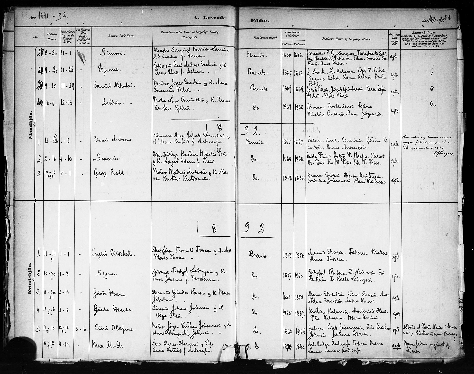 Brevik kirkebøker, AV/SAKO-A-255/F/Fa/L0007: Parish register (official) no. 7, 1882-1900, p. 44