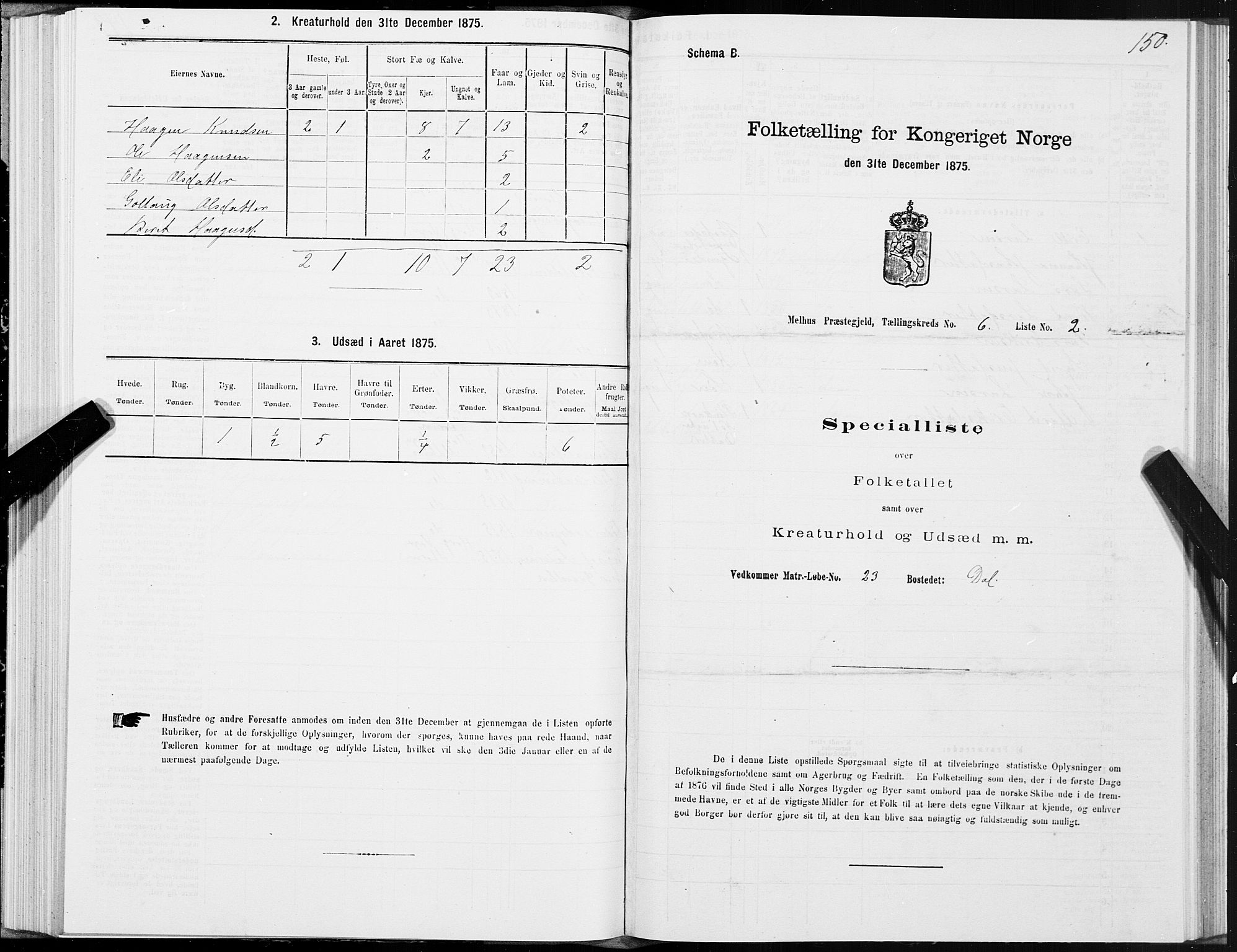 SAT, 1875 census for 1653P Melhus, 1875, p. 4150