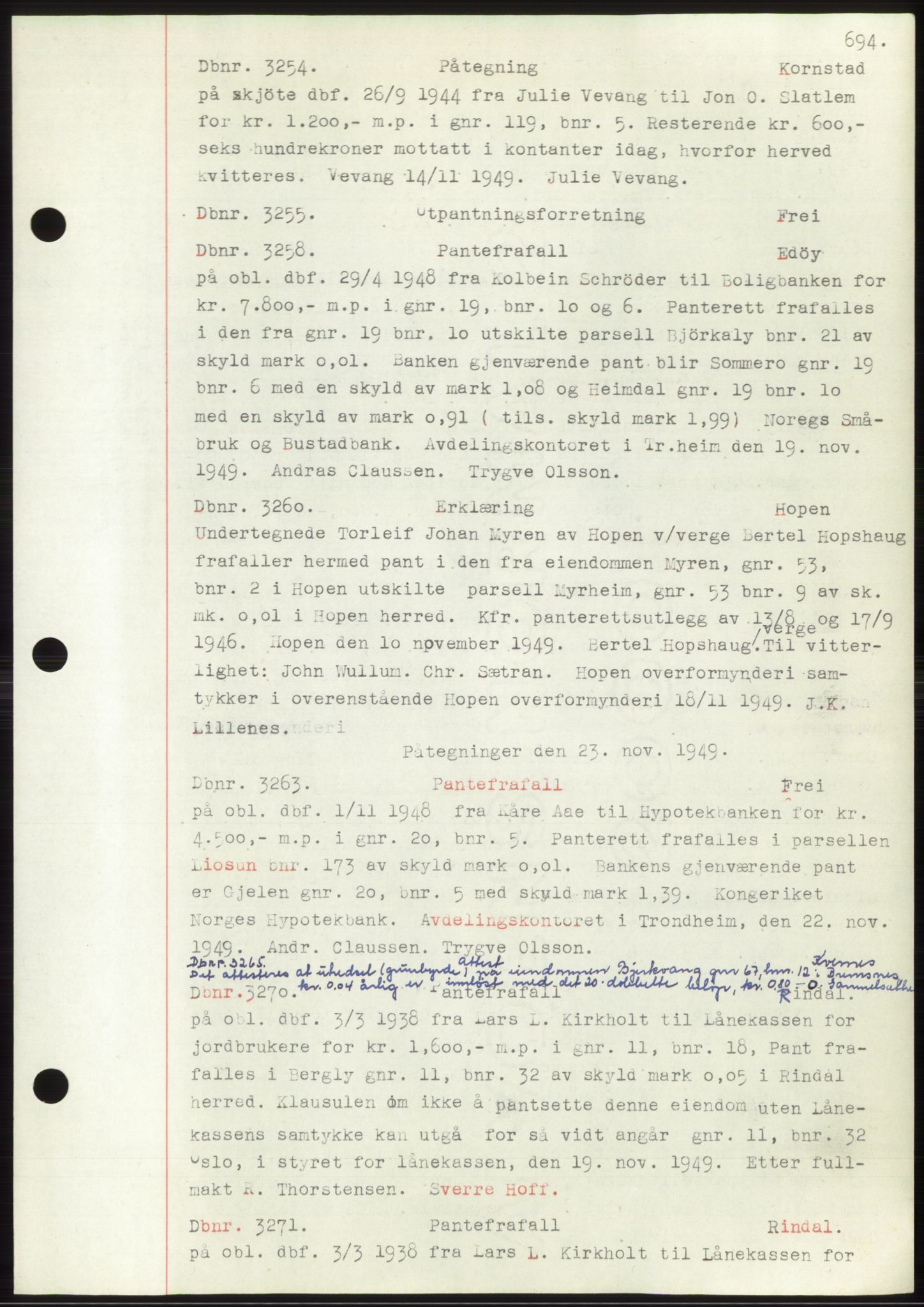 Nordmøre sorenskriveri, SAT/A-4132/1/2/2Ca: Mortgage book no. C82b, 1946-1951, Diary no: : 3254/1949