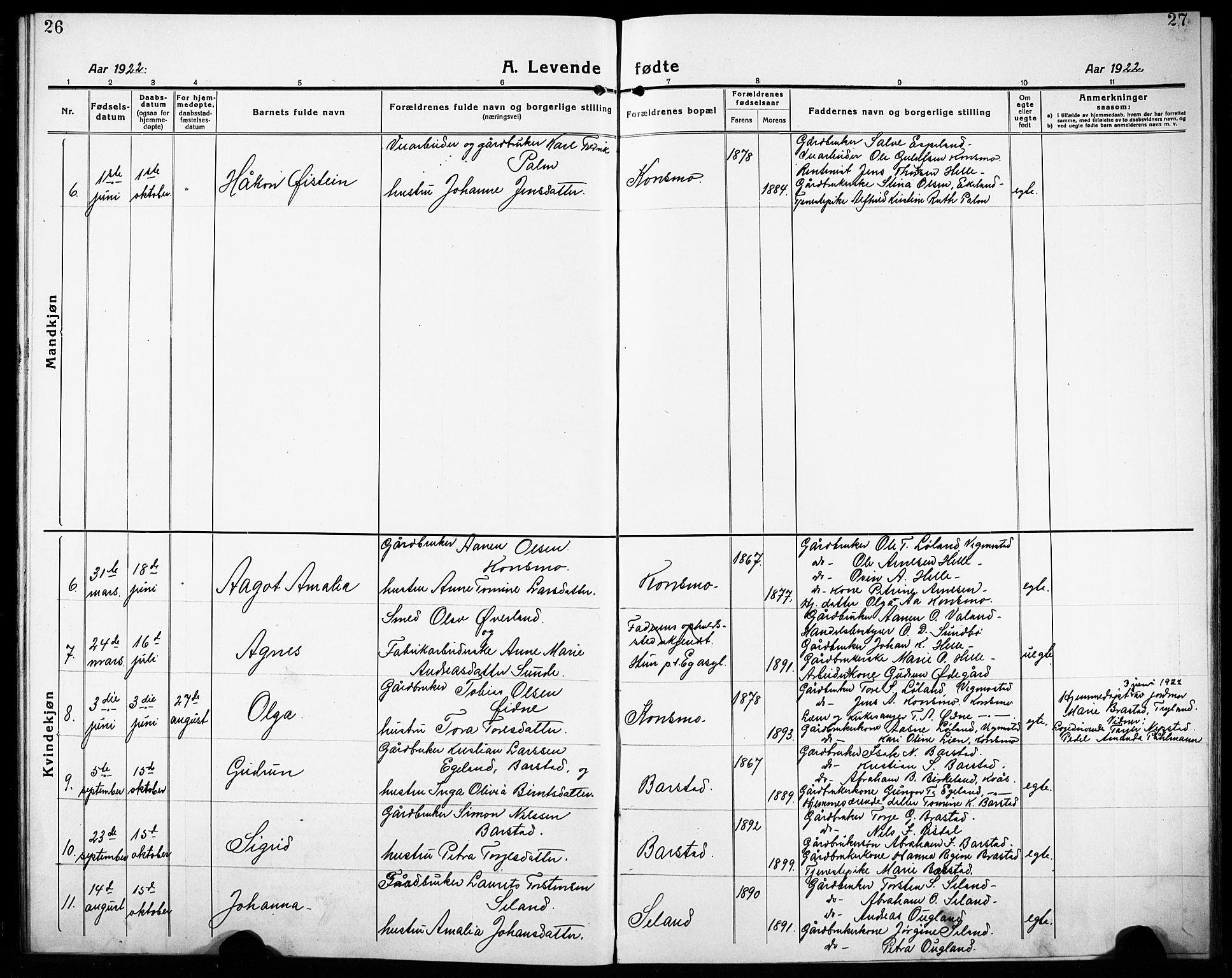 Nord-Audnedal sokneprestkontor, SAK/1111-0032/F/Fb/Fba/L0005: Parish register (copy) no. B 5, 1918-1932, p. 26-27
