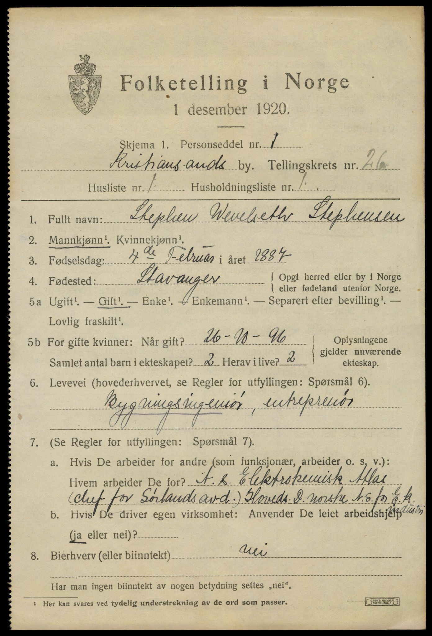 SAK, 1920 census for Kristiansand, 1920, p. 44847