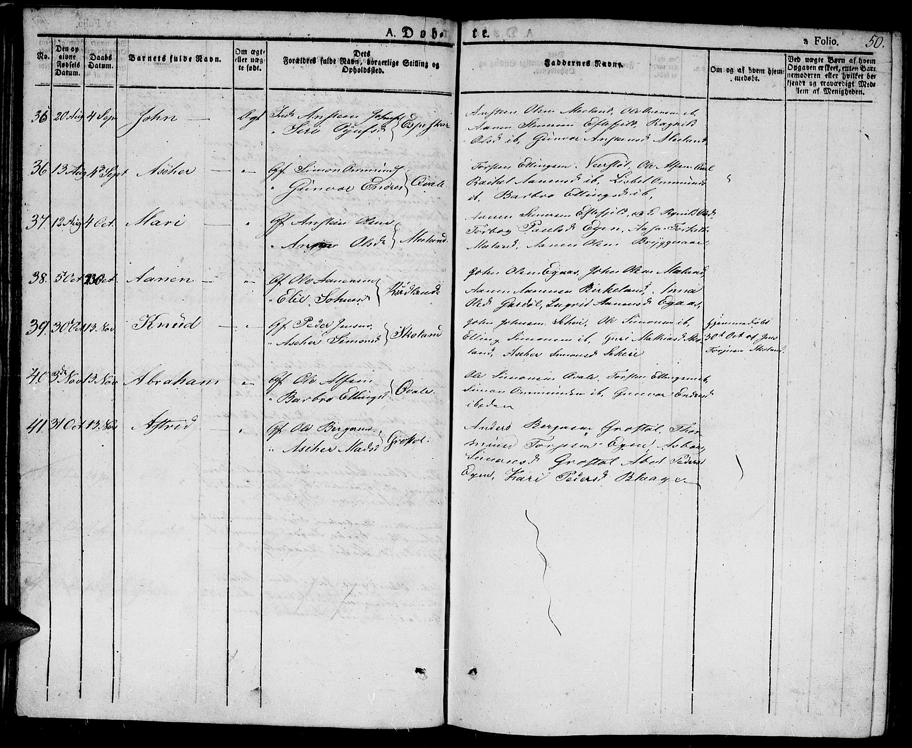 Hægebostad sokneprestkontor, AV/SAK-1111-0024/F/Fa/Fab/L0001: Parish register (official) no. A 1, 1823-1867, p. 50