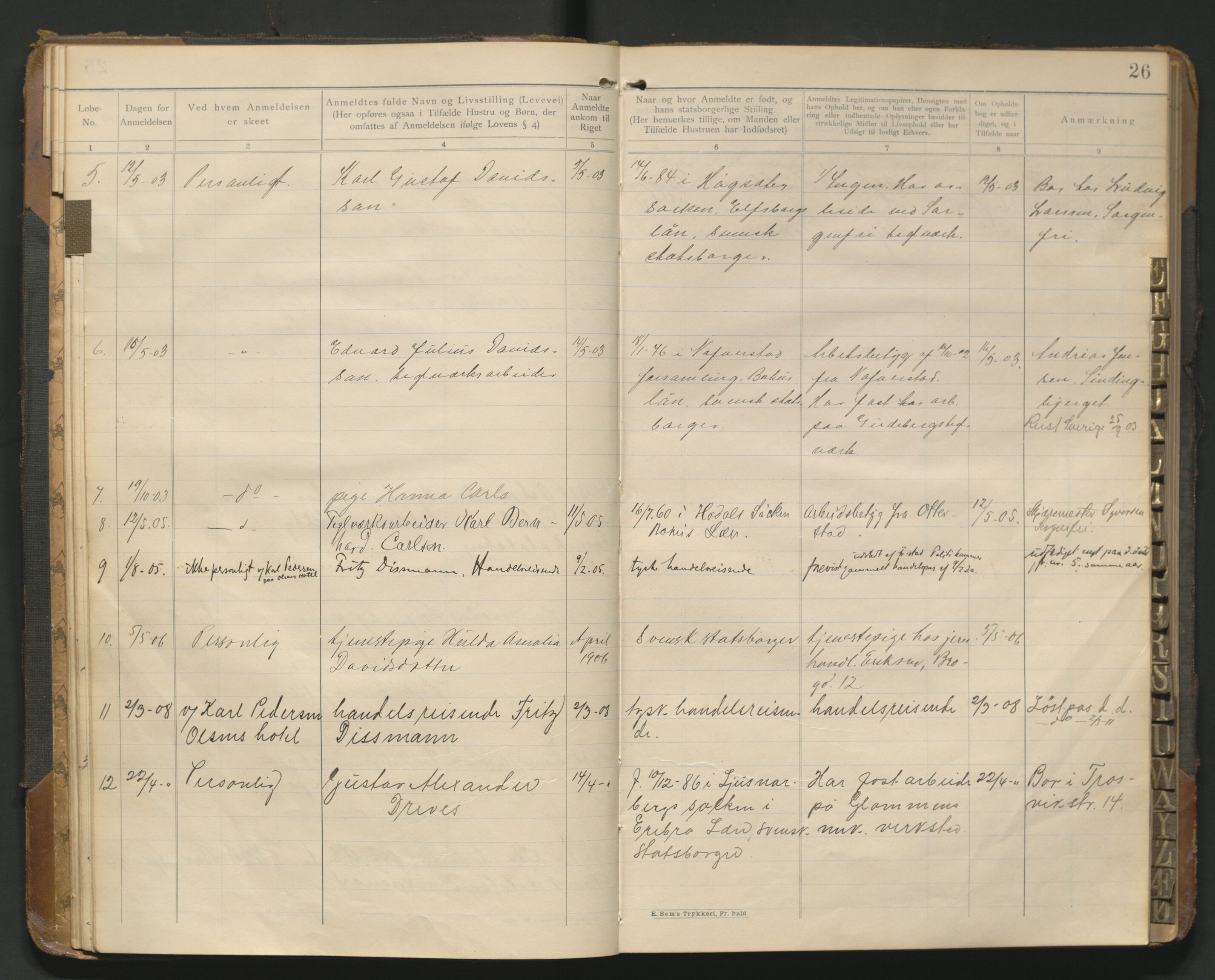 Fredrikstad politikammer, AV/SAO-A-10055/H/Hb/Hba/L0001: Protokoll over fremmede statsborgere, 1901-1916, p. 25b-26a