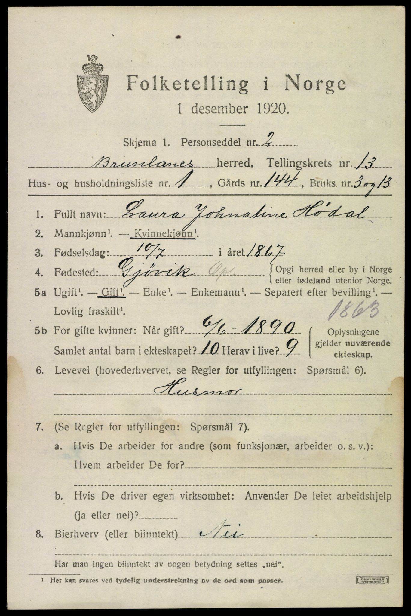 SAKO, 1920 census for Brunlanes, 1920, p. 10783