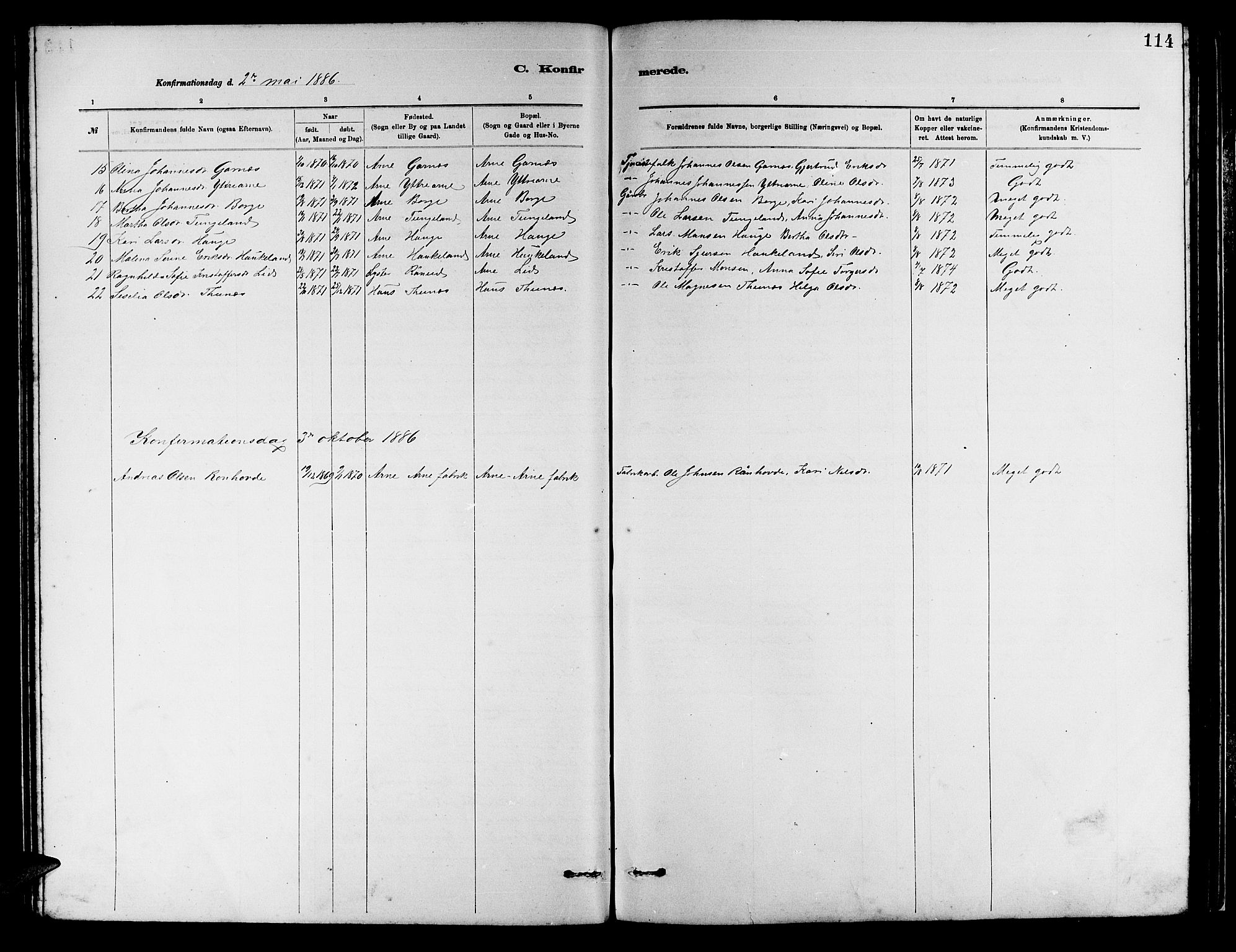 Arna Sokneprestembete, SAB/A-74001/H/Ha/Hab: Parish register (copy) no. A 2, 1878-1887, p. 114