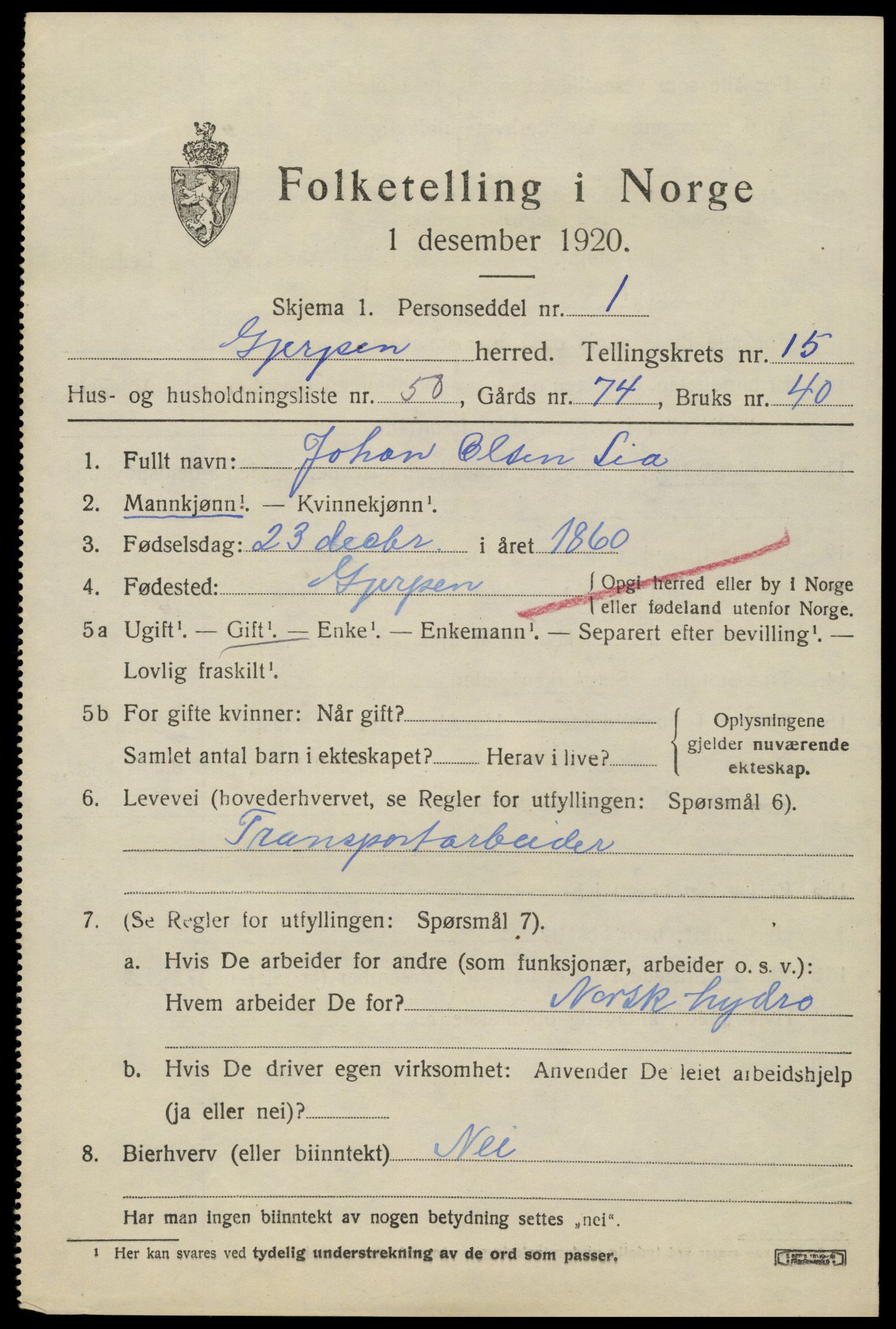 SAKO, 1920 census for Gjerpen, 1920, p. 17852