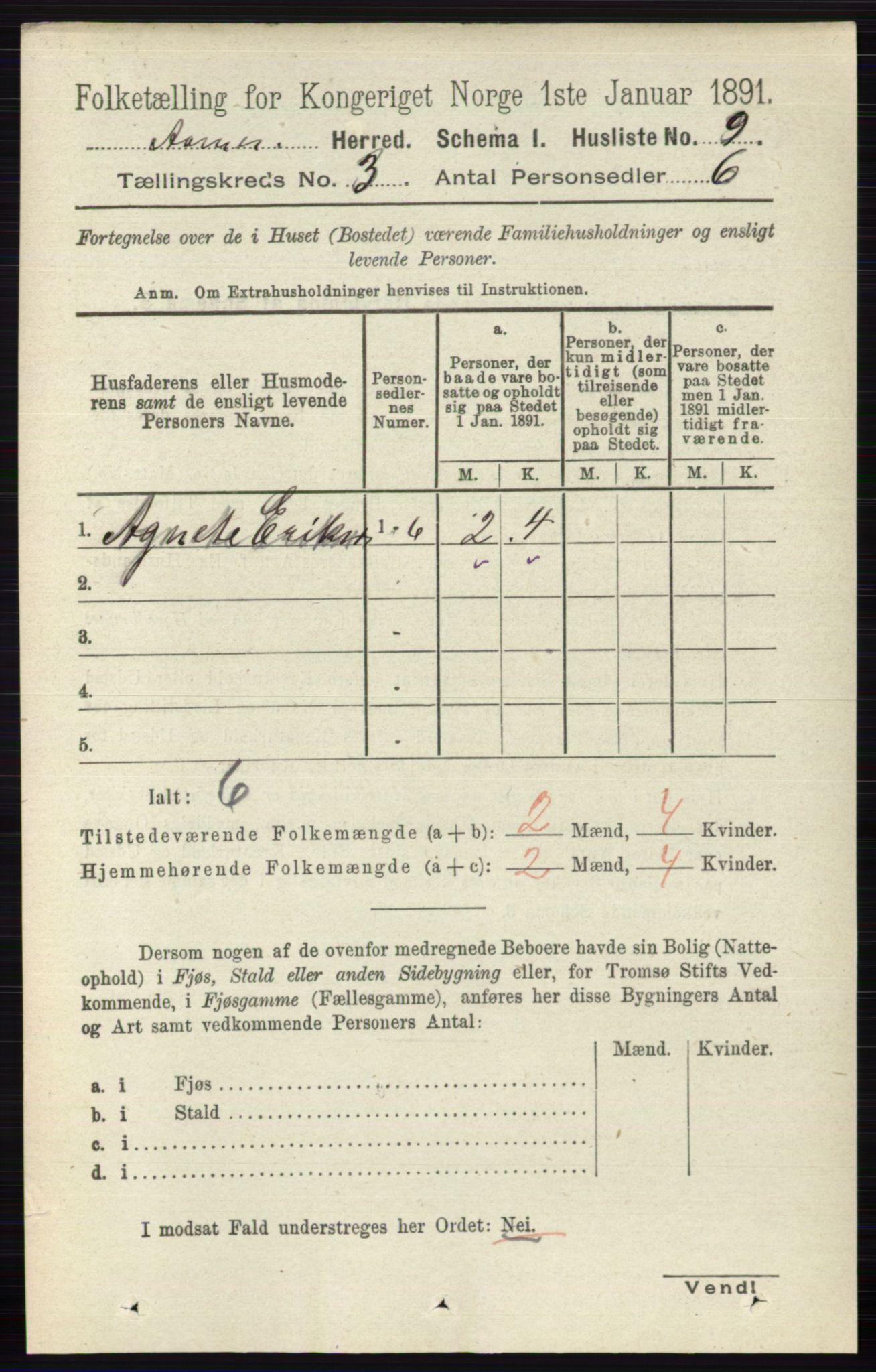 RA, 1891 census for 0425 Åsnes, 1891, p. 961