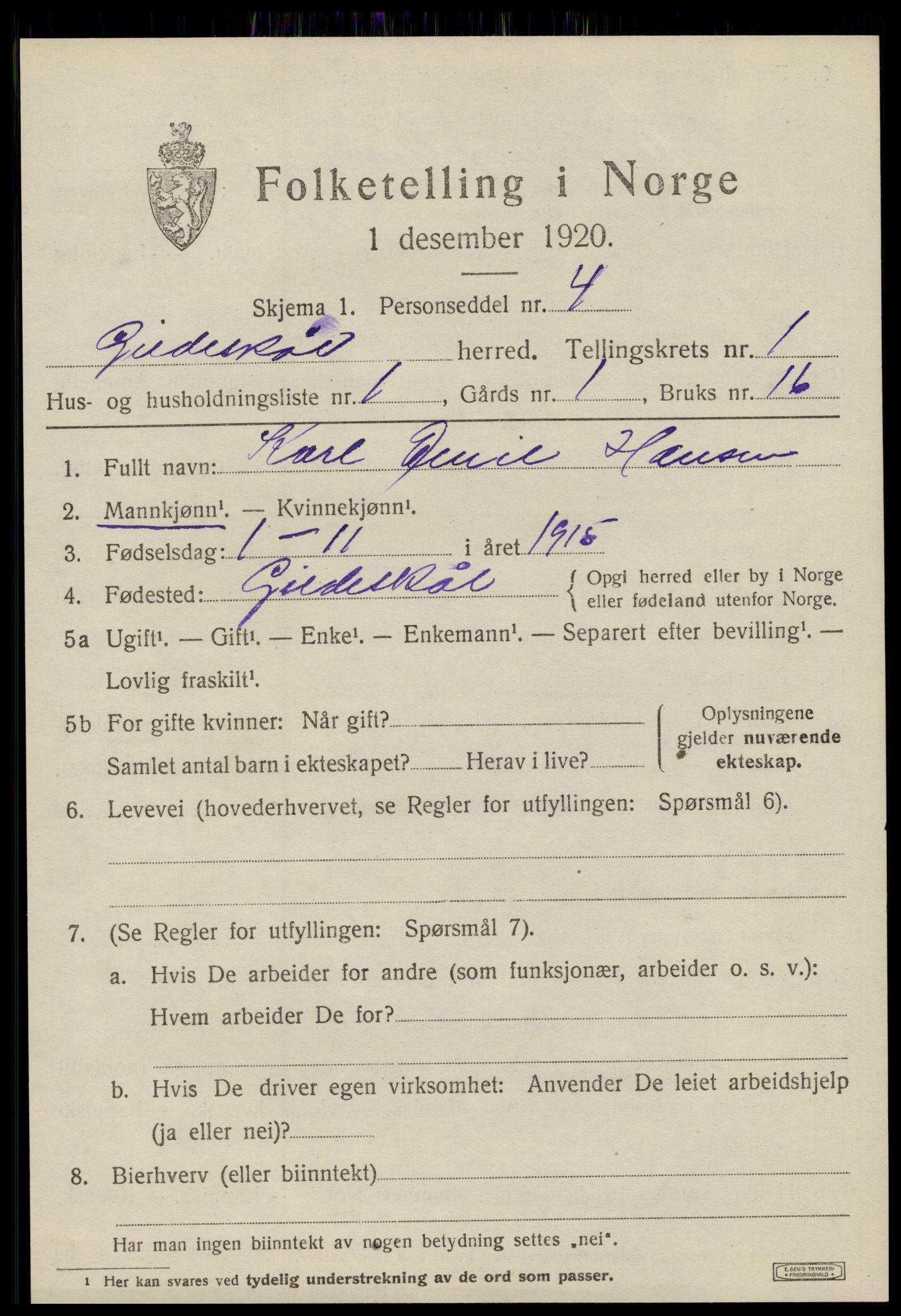 SAT, 1920 census for Gildeskål, 1920, p. 1628