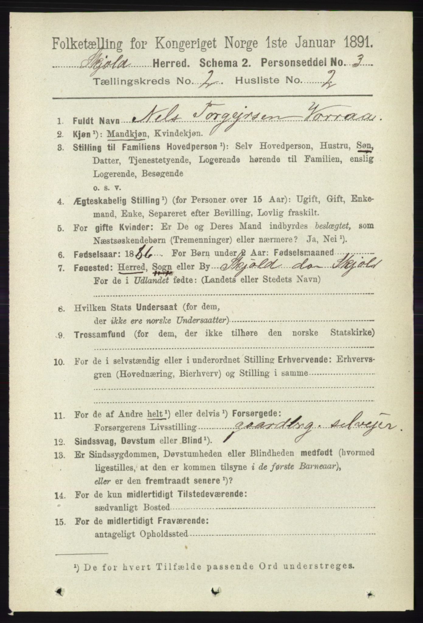 RA, 1891 census for 1154 Skjold, 1891, p. 289