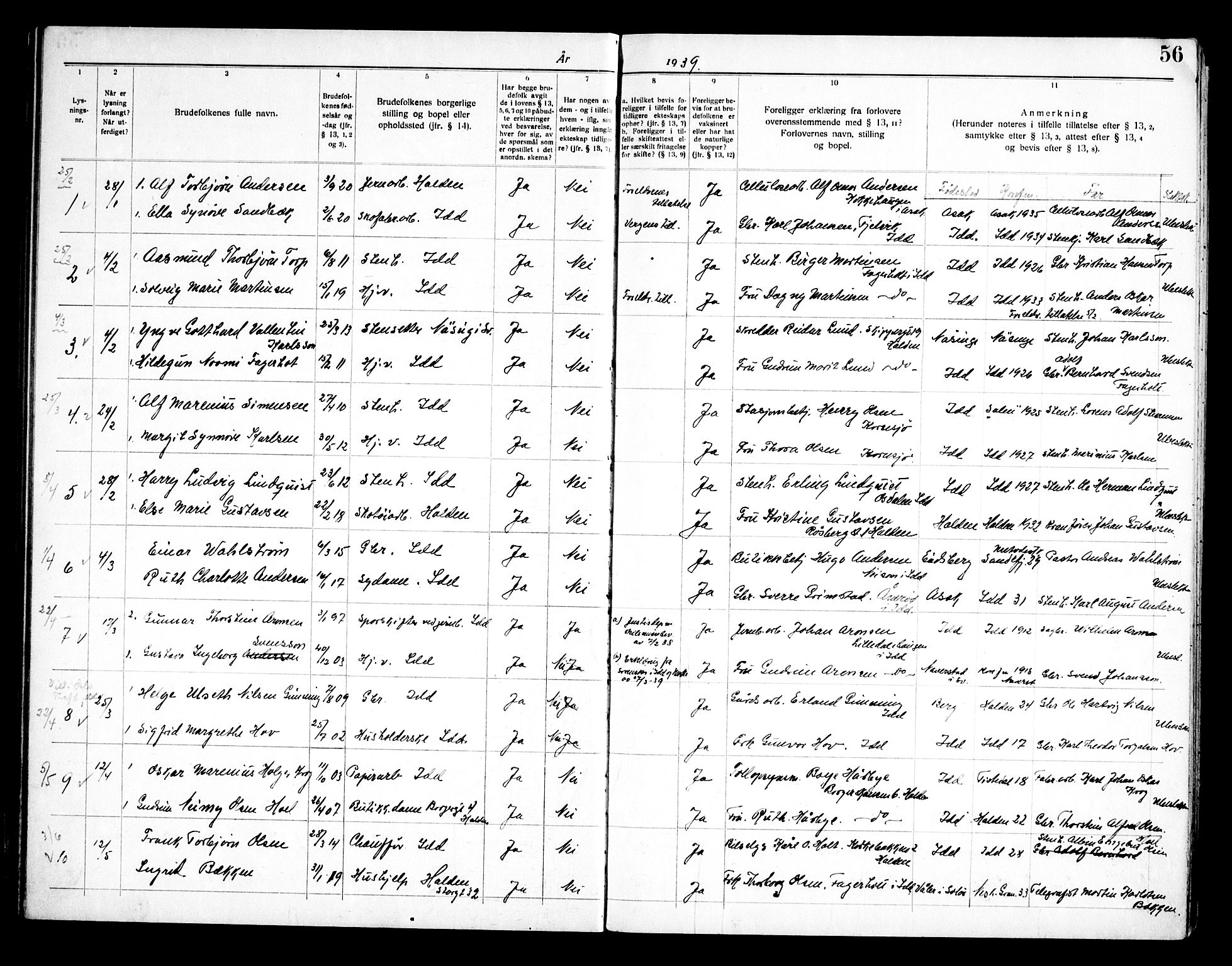 Idd prestekontor Kirkebøker, SAO/A-10911/H/Ha/L0002: Banns register no. I 2, 1919-1958, p. 56