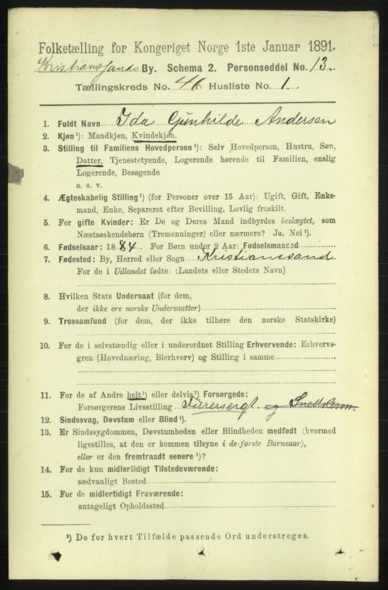 RA, 1891 census for 1001 Kristiansand, 1891, p. 14012