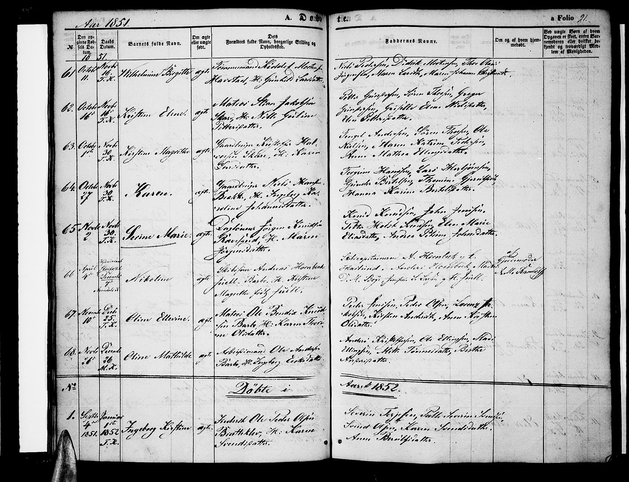 Tromøy sokneprestkontor, SAK/1111-0041/F/Fa/L0005: Parish register (official) no. A 5, 1847-1856, p. 91