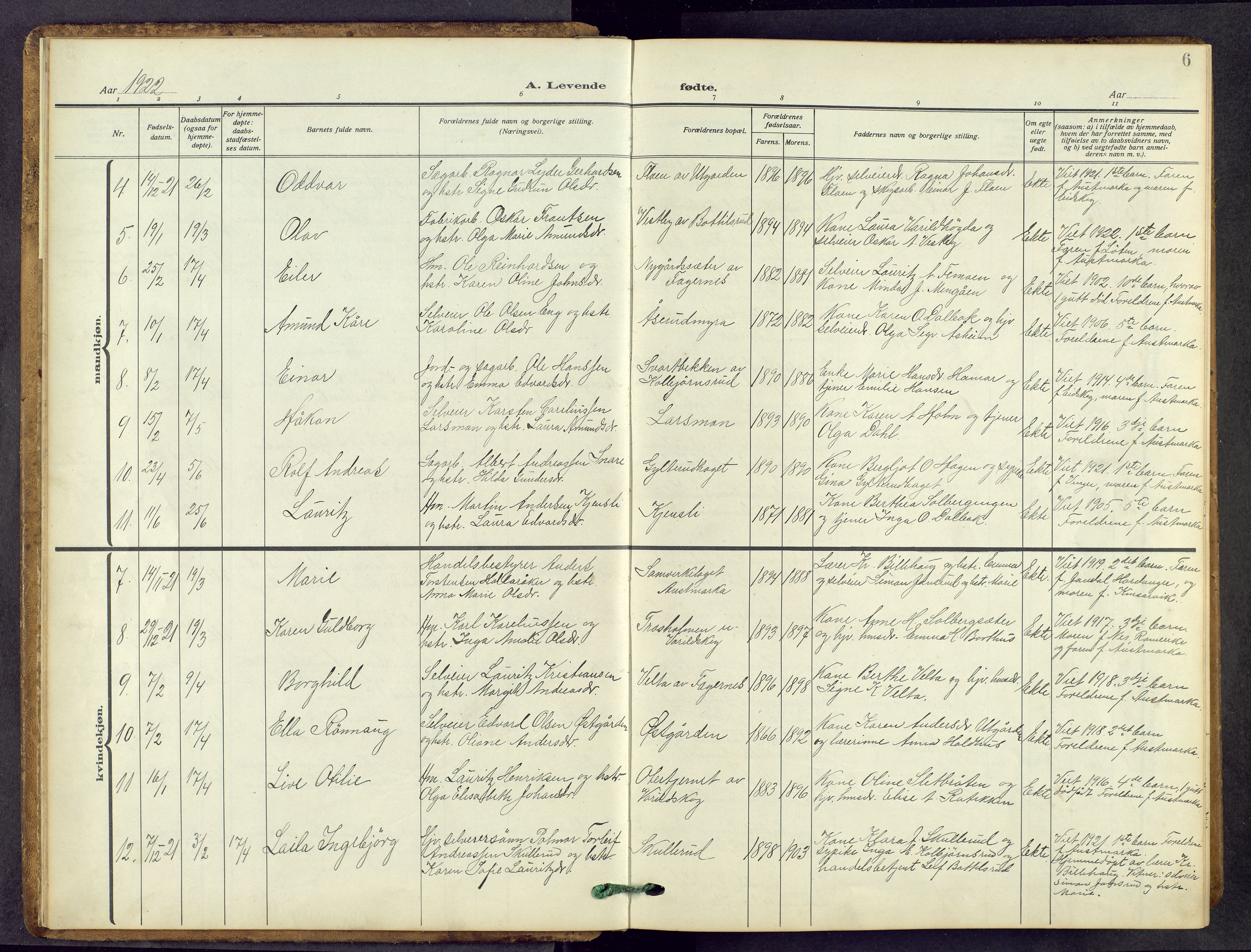 Vinger prestekontor, AV/SAH-PREST-024/H/Ha/Hab/L0006: Parish register (copy) no. 6, 1921-1973, p. 6