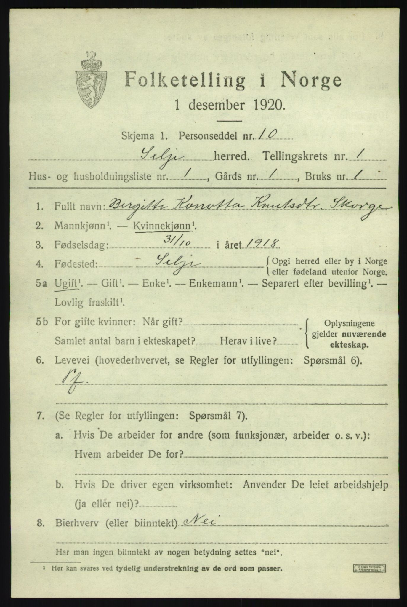 SAB, 1920 census for Selje, 1920, p. 1213