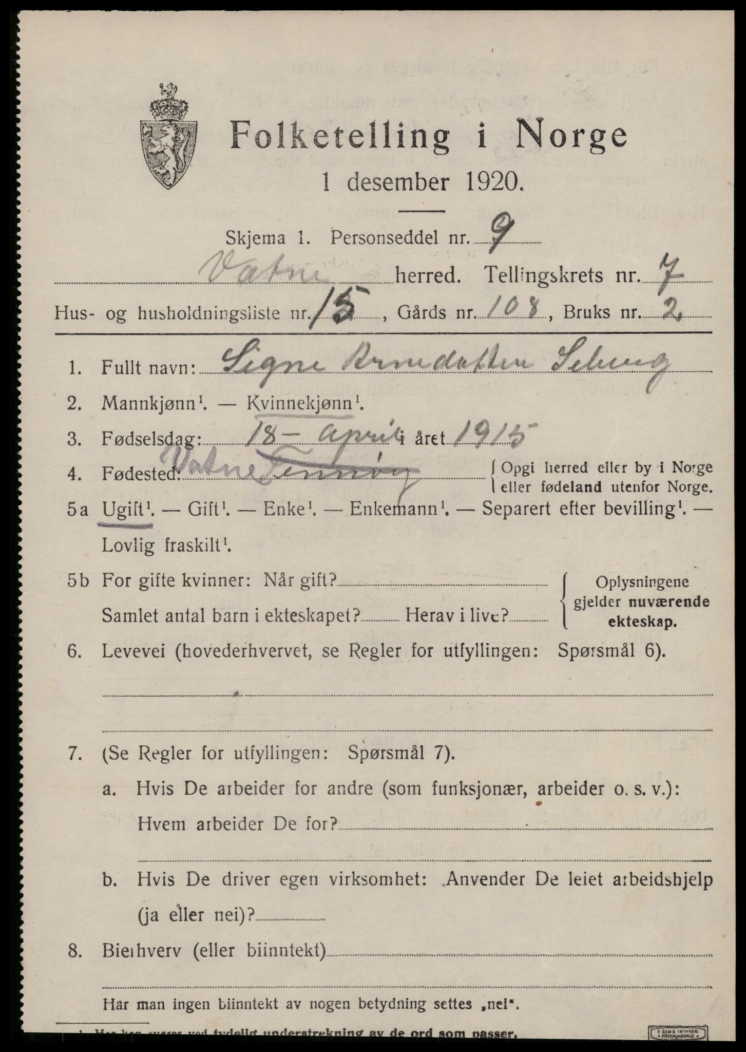 SAT, 1920 census for Vatne, 1920, p. 3332