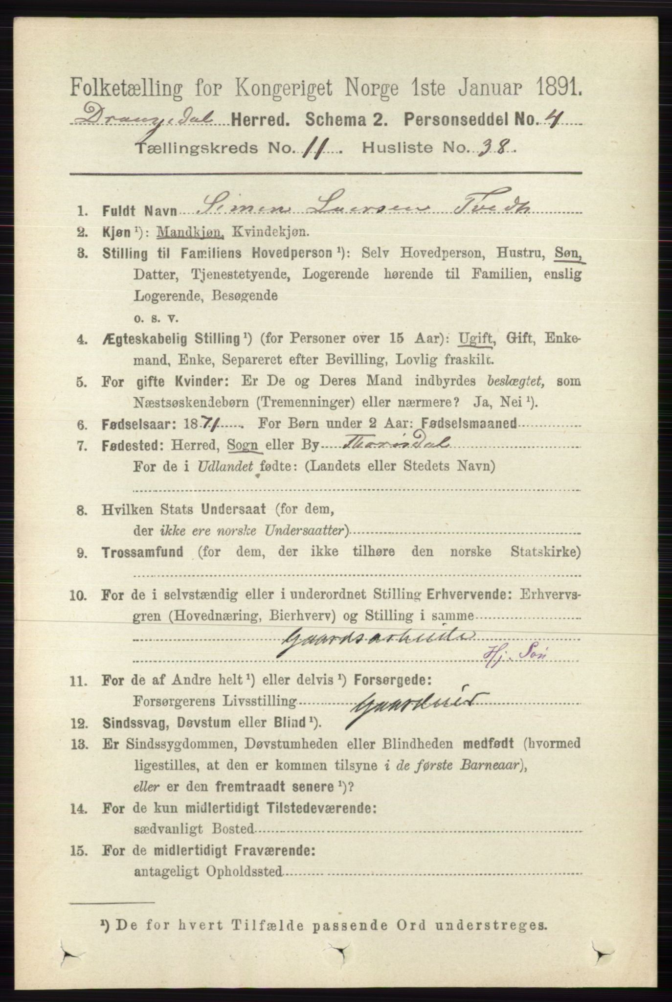 RA, 1891 census for 0817 Drangedal, 1891, p. 4165