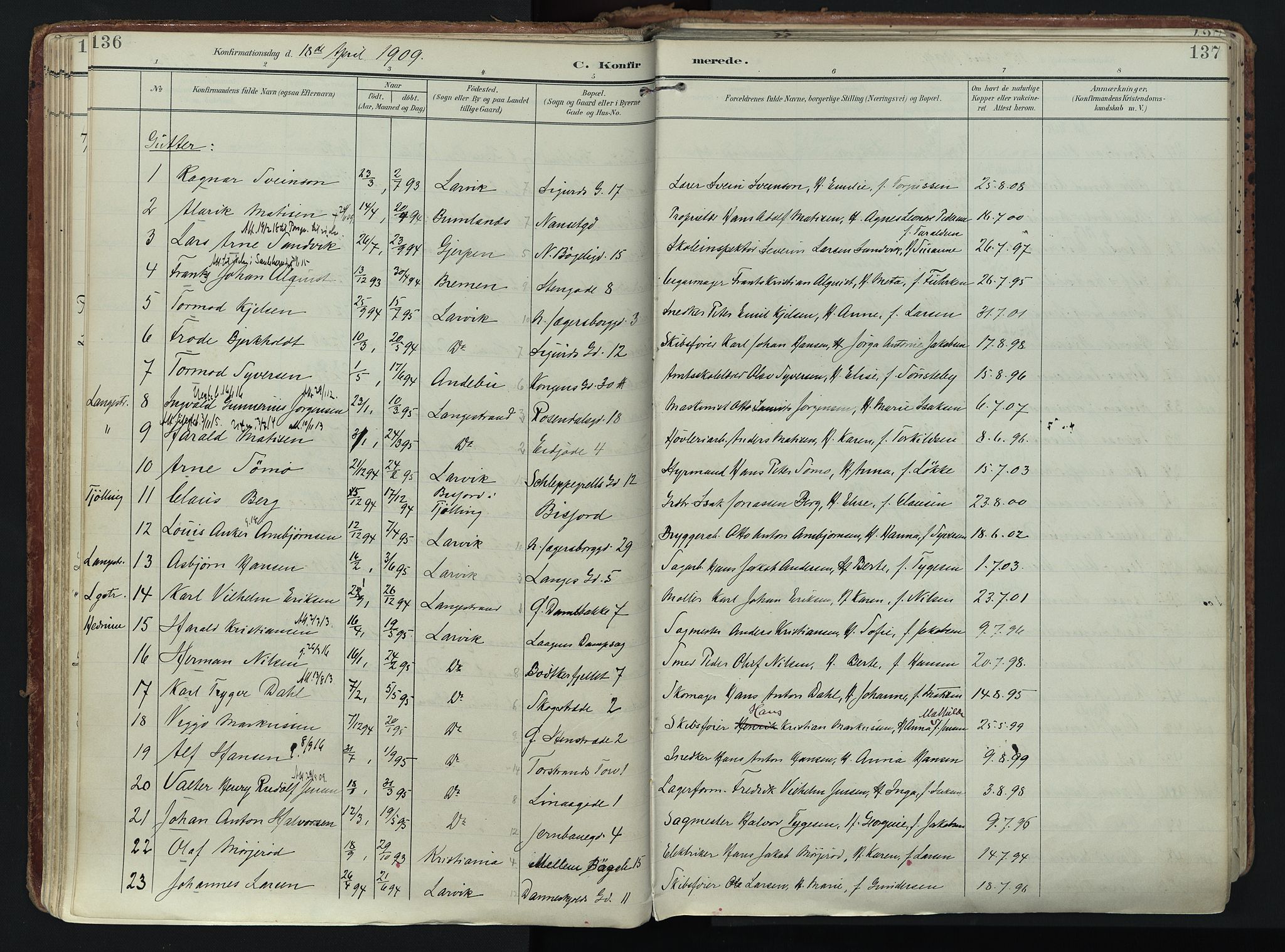 Larvik kirkebøker, SAKO/A-352/F/Fa/L0011: Parish register (official) no. I 11, 1902-1922, p. 136-137