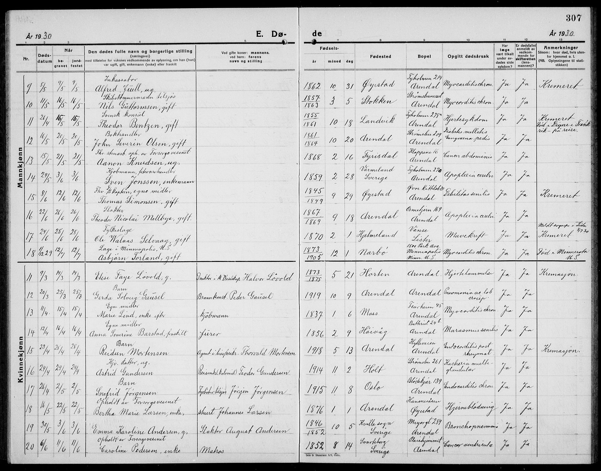 Arendal sokneprestkontor, Trefoldighet, AV/SAK-1111-0040/F/Fb/L0008: Parish register (copy) no. B 8, 1928-1939, p. 307