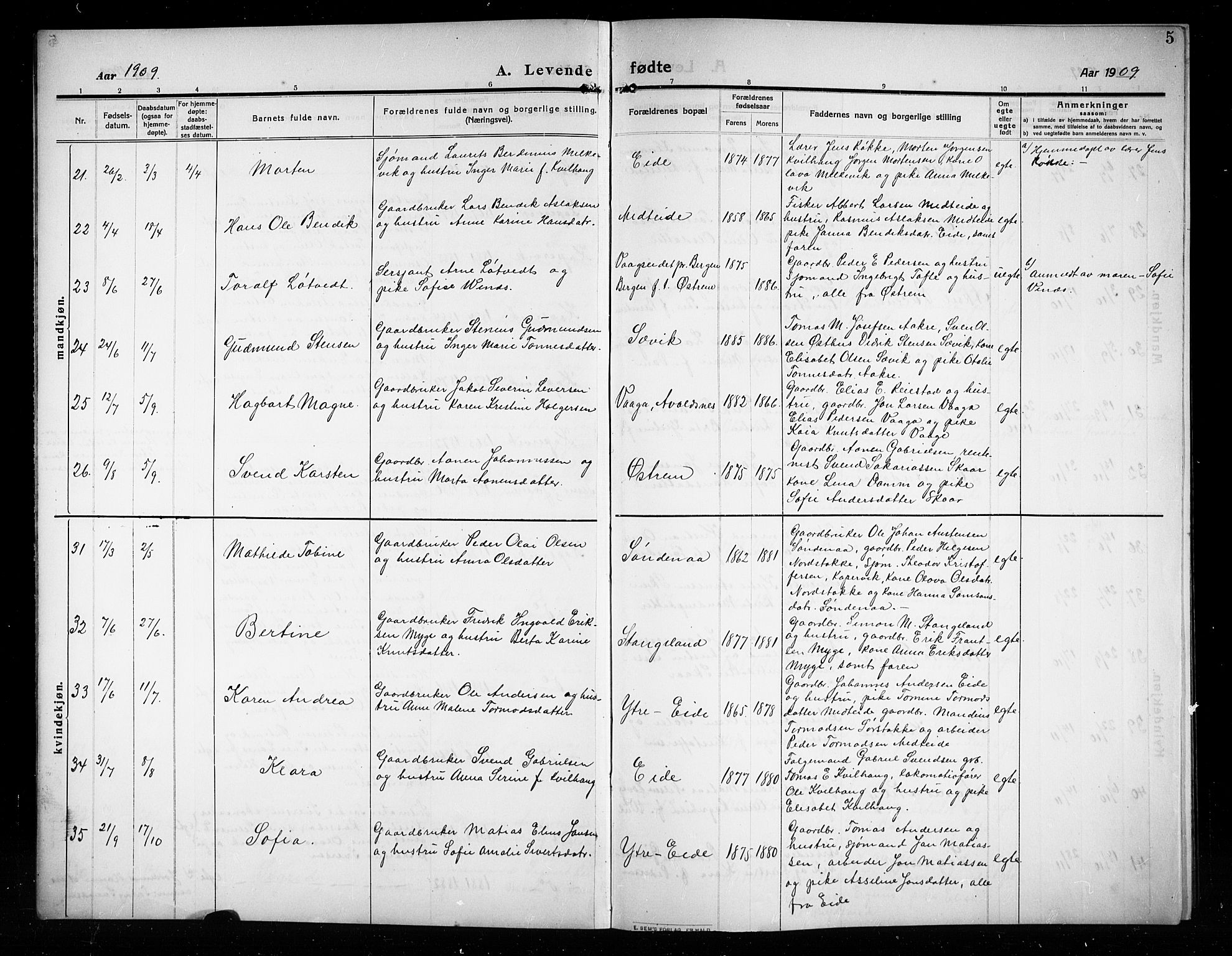 Kopervik sokneprestkontor, AV/SAST-A-101850/H/Ha/Hab/L0005: Parish register (copy) no. B 5, 1909-1918, p. 5