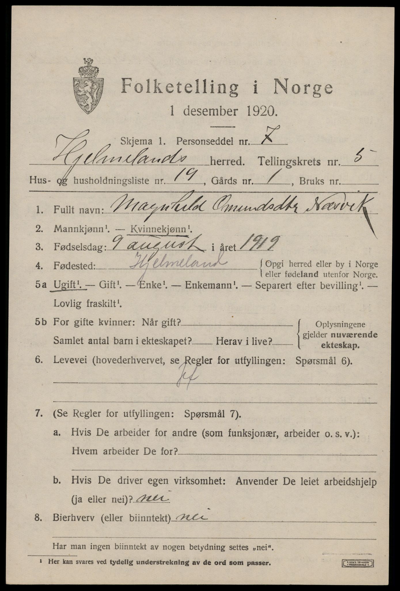 SAST, 1920 census for Hjelmeland, 1920, p. 1945