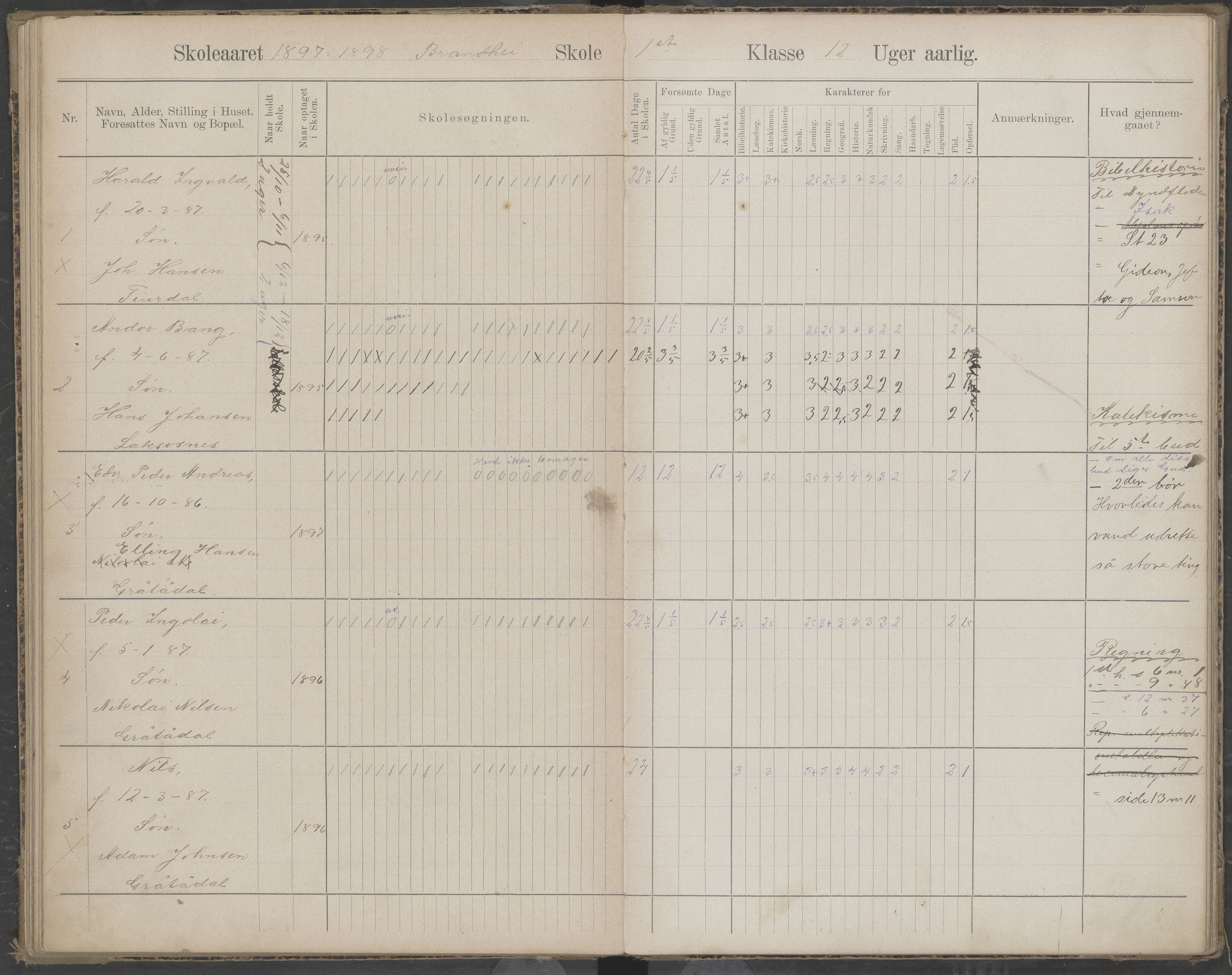 Beiarn kommune. Brandhei skolekrets, AIN/K-18390.510.03/442/L0003: Karakter/oversiktsprotokoll, 1893-1910