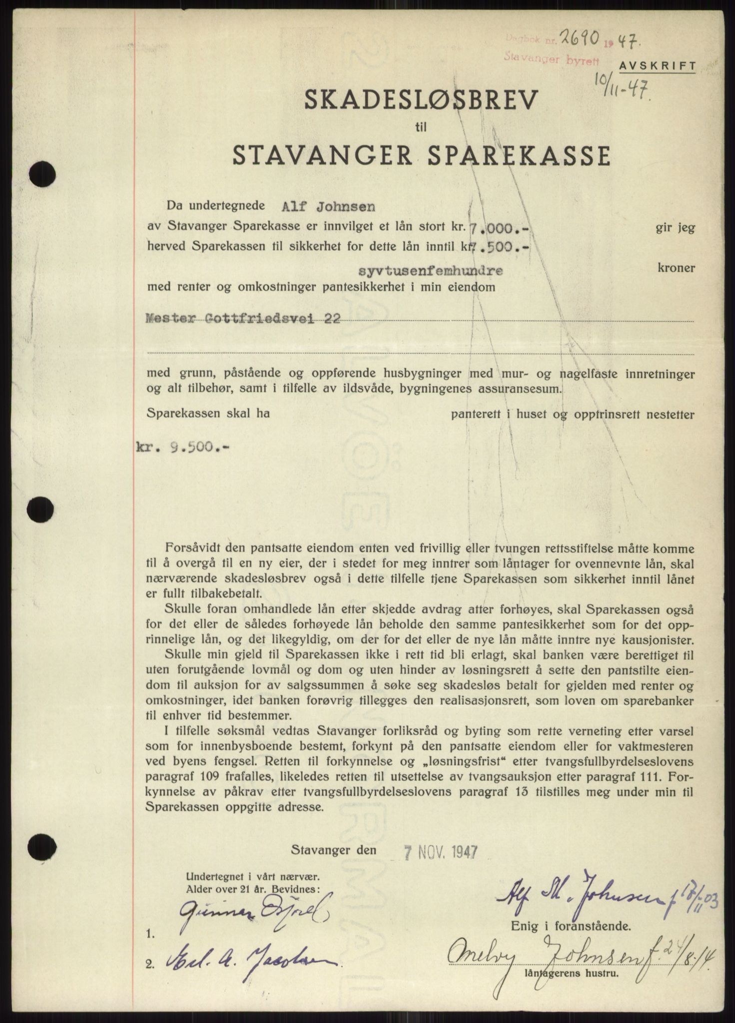 Stavanger byrett, SAST/A-100455/002/G/Gb/L0032: Mortgage book, 1947-1950, Diary no: : 2690/1947