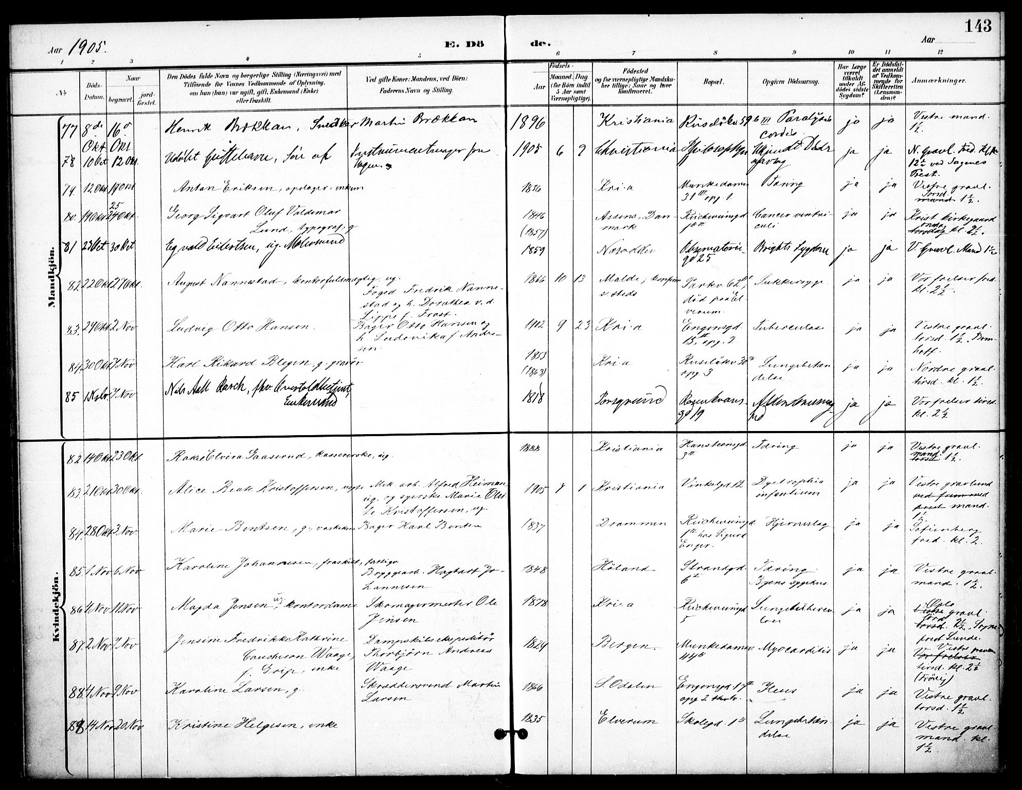 Johannes prestekontor Kirkebøker, AV/SAO-A-10852/F/Fa/L0008: Parish register (official) no. 8, 1897-1917, p. 143