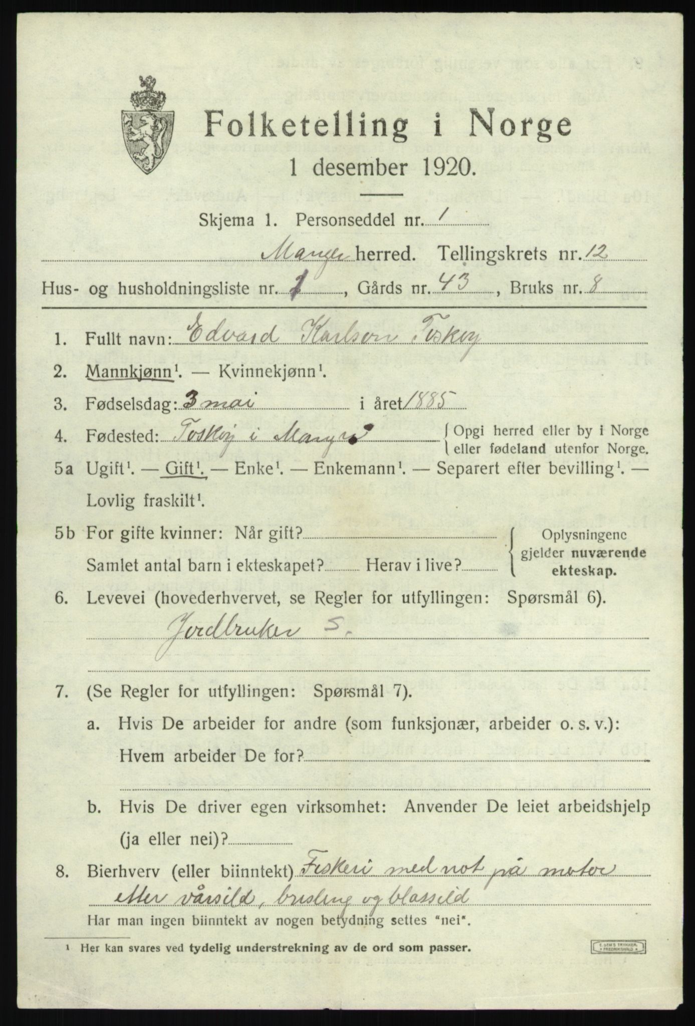 SAB, 1920 census for Manger, 1920, p. 7464