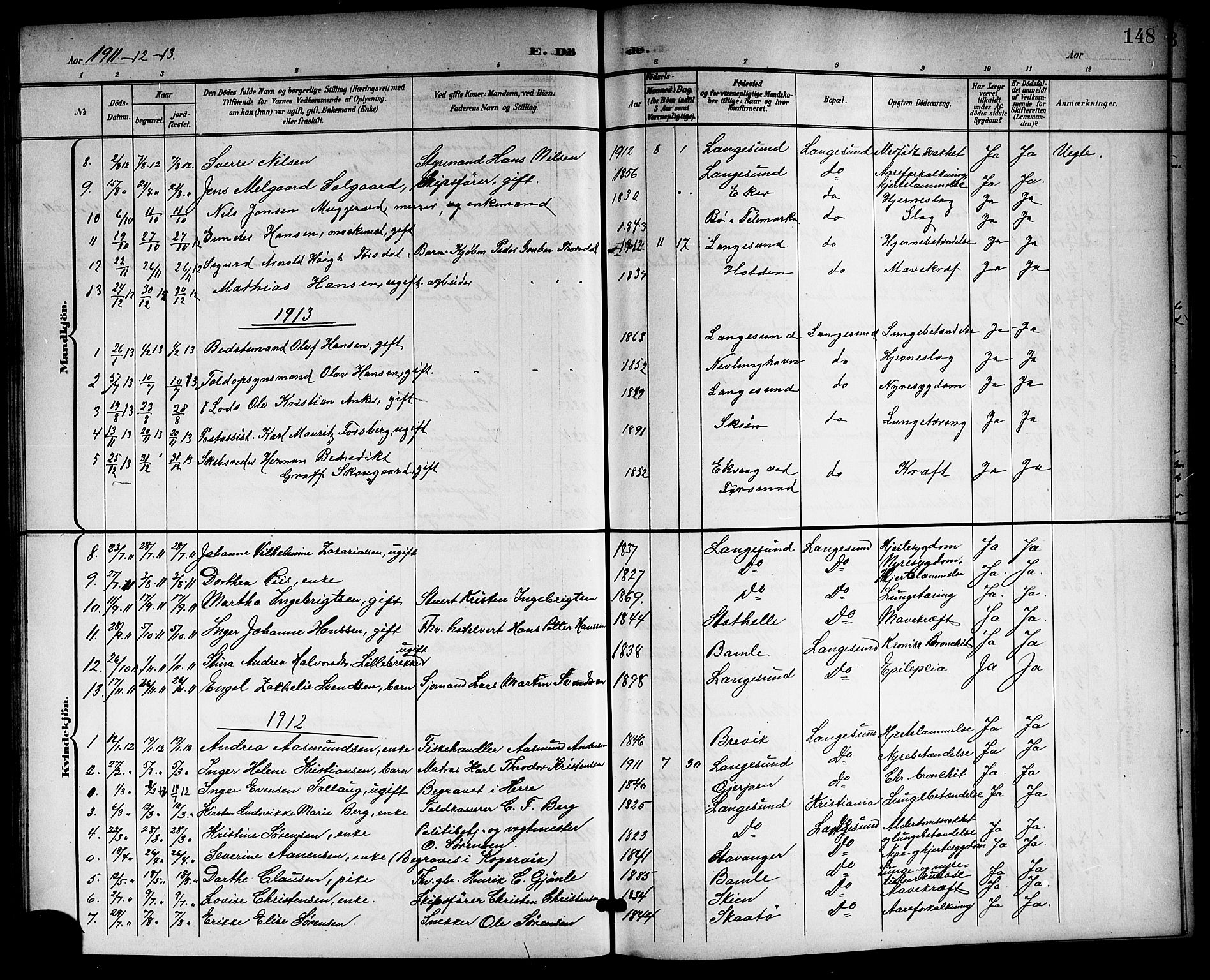 Langesund kirkebøker, SAKO/A-280/G/Ga/L0006: Parish register (copy) no. 6, 1899-1918, p. 148