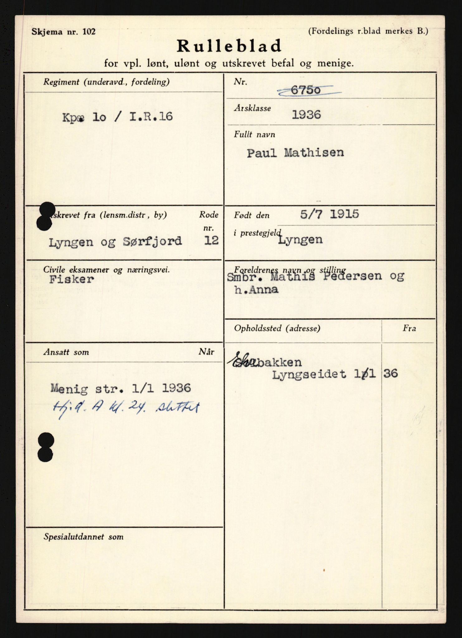 Forsvaret, Troms infanteriregiment nr. 16, AV/RA-RAFA-3146/P/Pa/L0020: Rulleblad for regimentets menige mannskaper, årsklasse 1936, 1936, p. 847