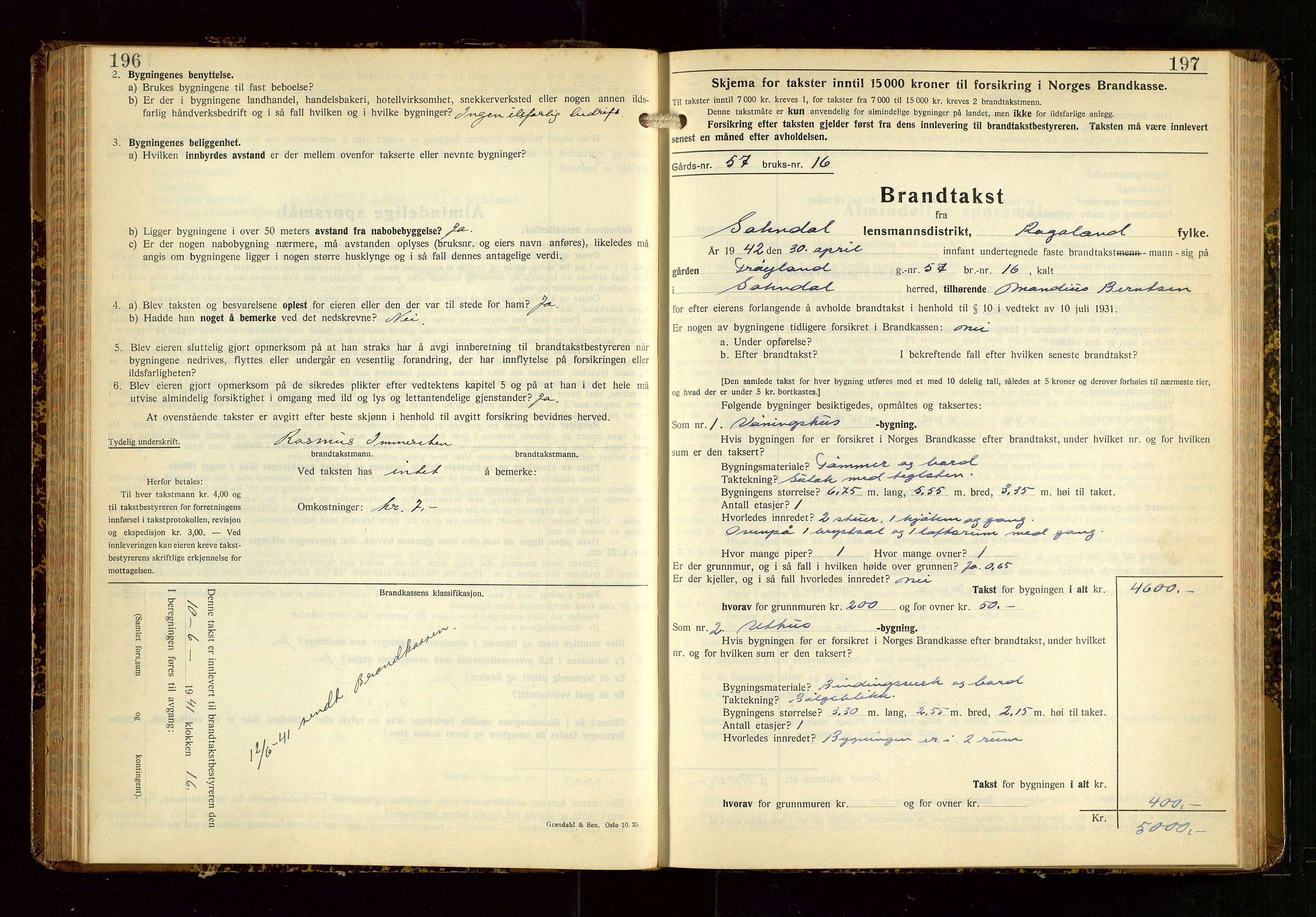 Sokndal lensmannskontor, SAST/A-100417/Gob/L0008: "Brandtakst-Protokoll", 1937-1955, p. 196-197
