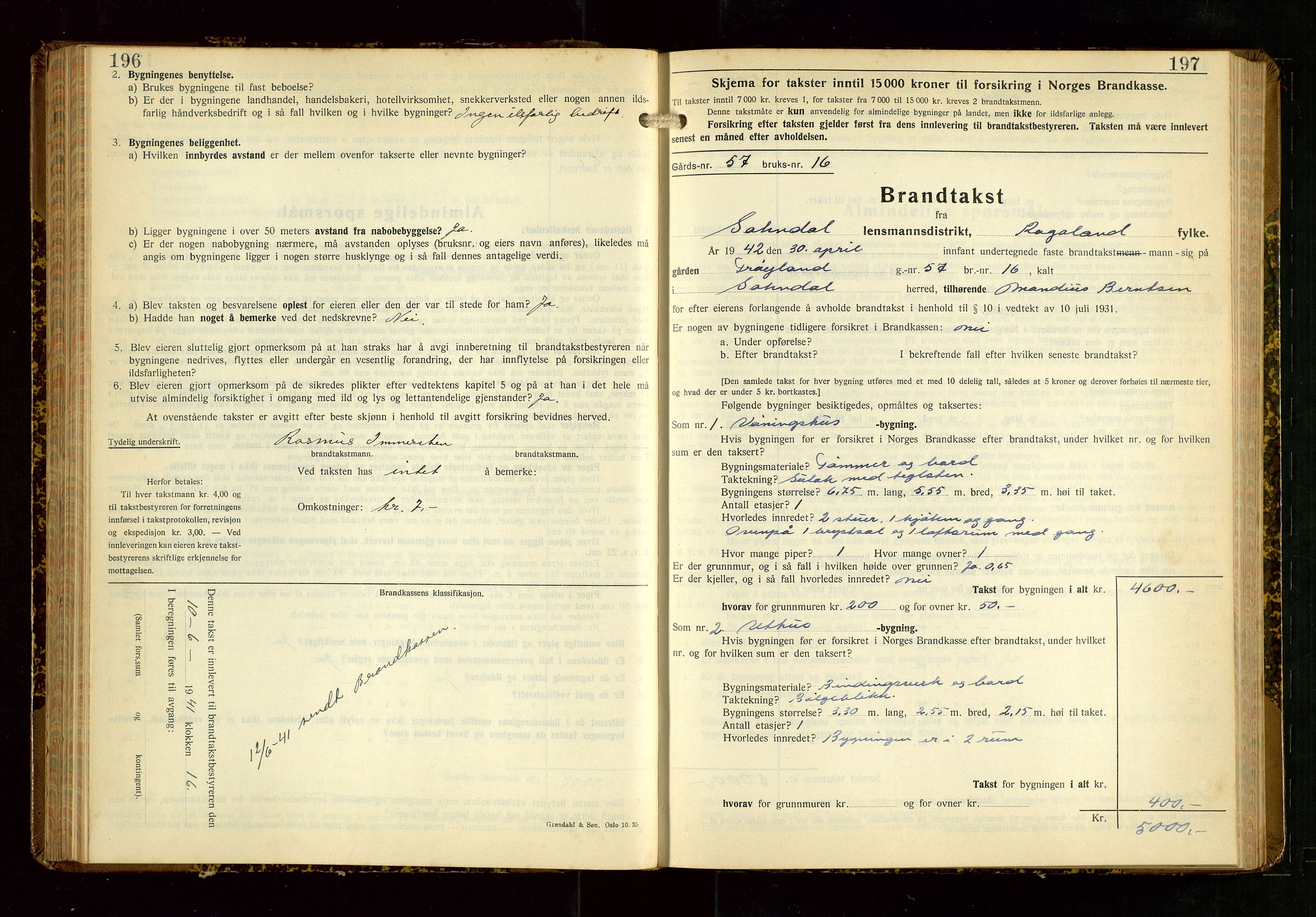 Sokndal lensmannskontor, AV/SAST-A-100417/Gob/L0008: "Brandtakst-Protokoll", 1937-1955, p. 196-197