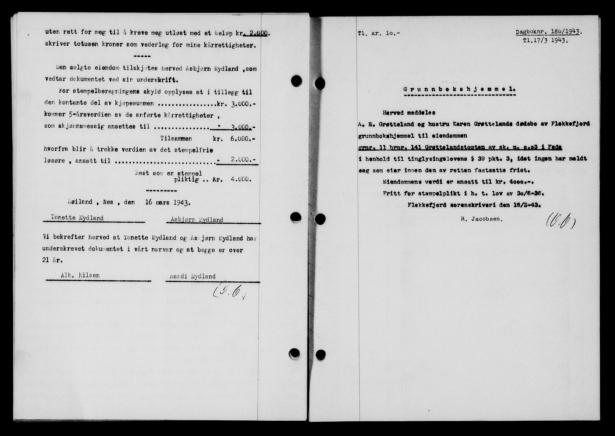 Flekkefjord sorenskriveri, SAK/1221-0001/G/Gb/Gba/L0058: Mortgage book no. A-6, 1942-1944, Diary no: : 186/1943