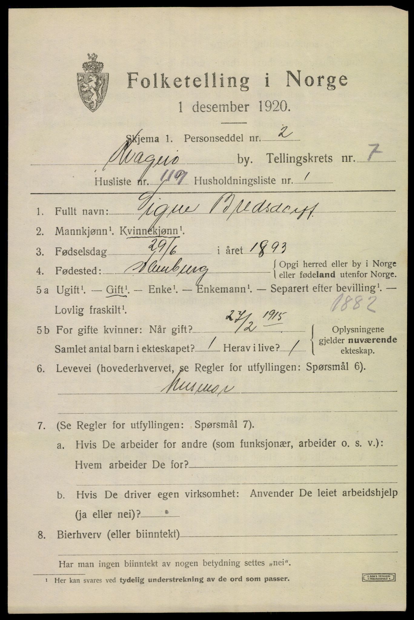 SAKO, 1920 census for Kragerø, 1920, p. 11061