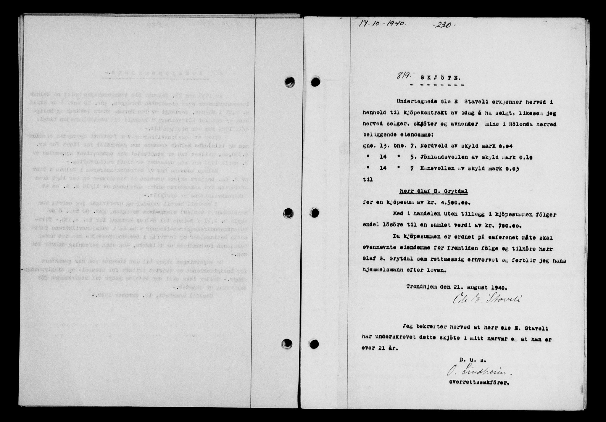 Gauldal sorenskriveri, SAT/A-0014/1/2/2C/L0052: Mortgage book no. 57, 1940-1941, Diary no: : 819/1940