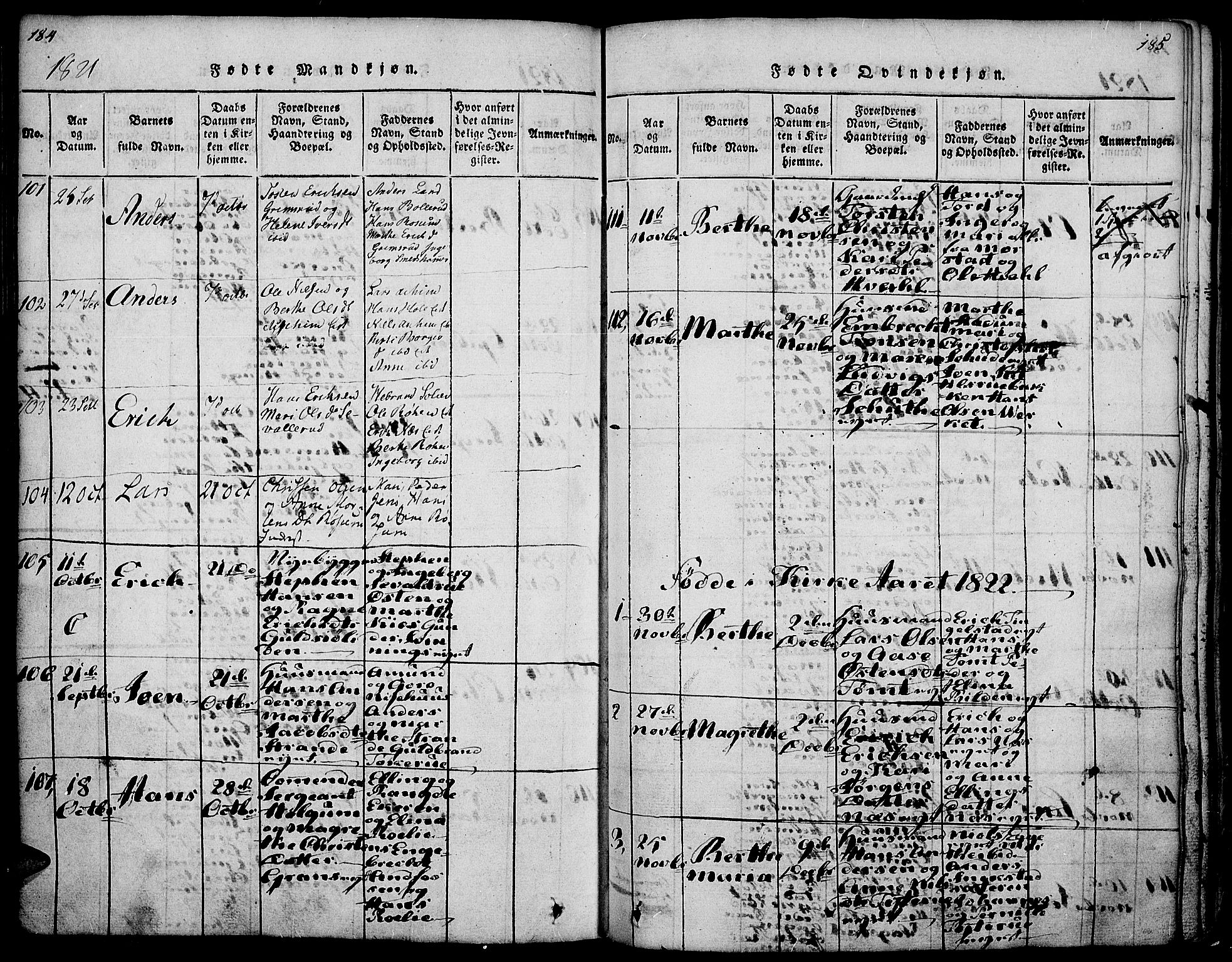 Gran prestekontor, SAH/PREST-112/H/Ha/Haa/L0009: Parish register (official) no. 9, 1815-1824, p. 184-185