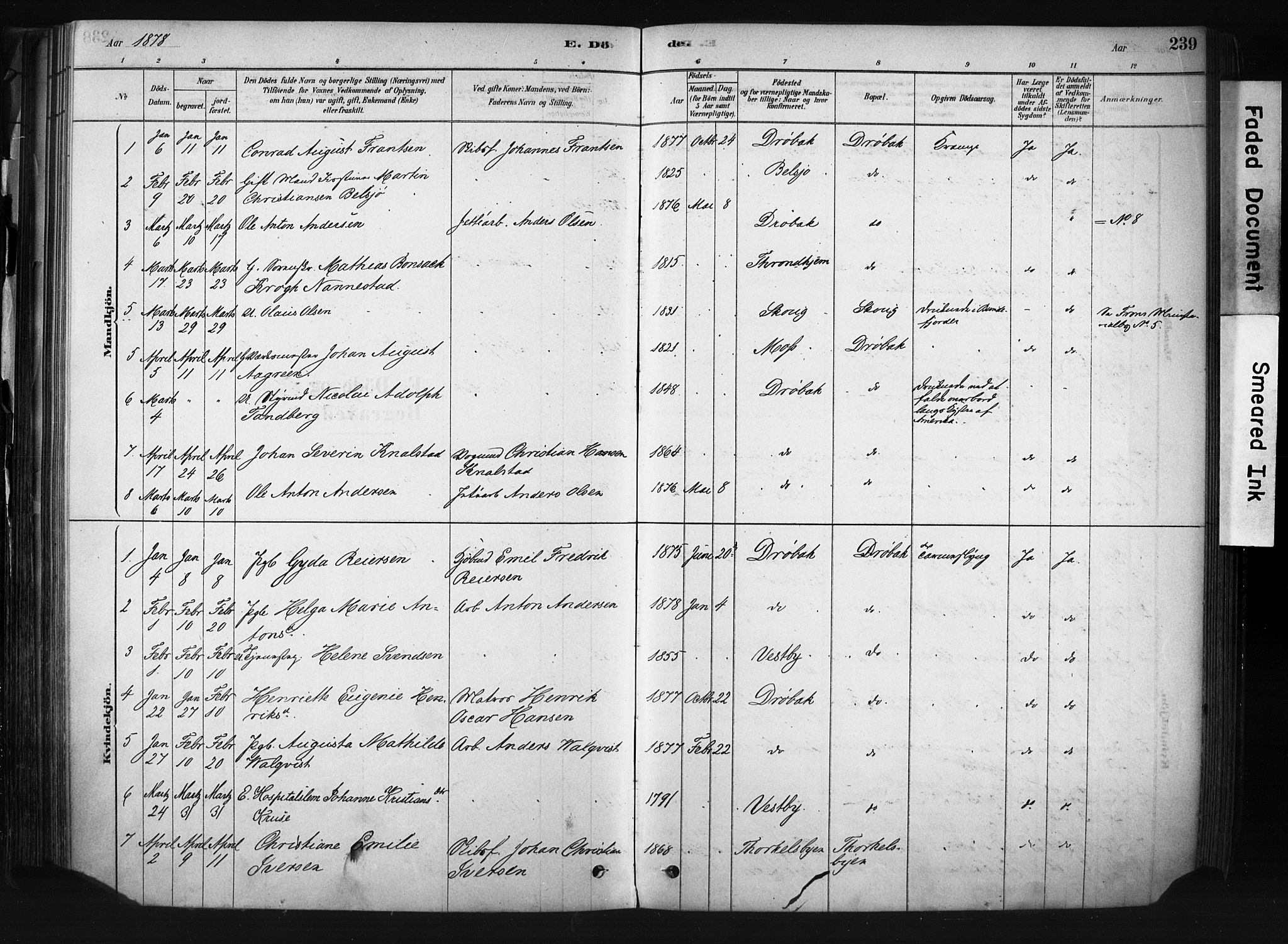 Drøbak prestekontor Kirkebøker, AV/SAO-A-10142a/F/Fb/L0001: Parish register (official) no. II 1, 1878-1891, p. 239