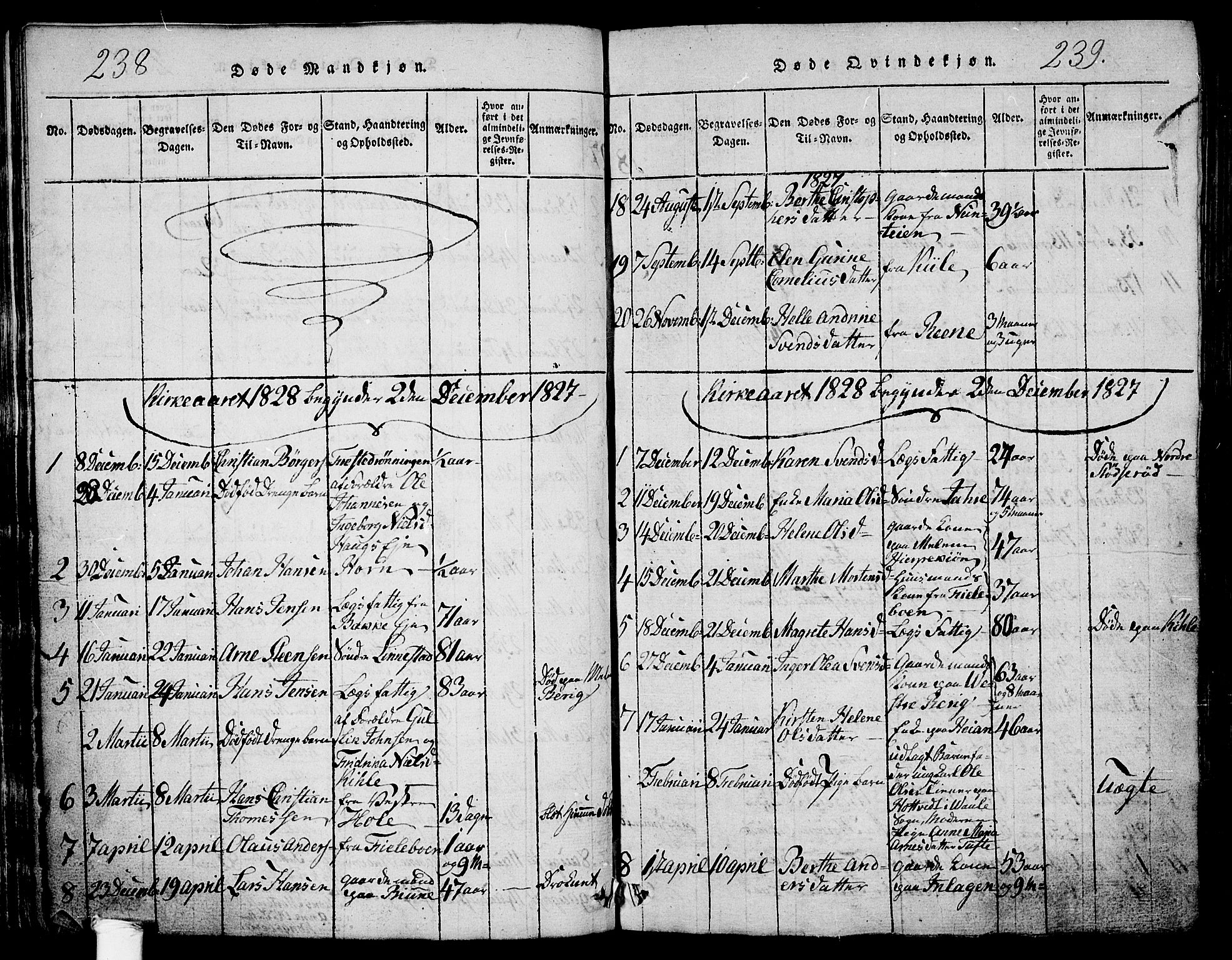 Ramnes kirkebøker, SAKO/A-314/G/Ga/L0001: Parish register (copy) no. I 1, 1813-1847, p. 238-239