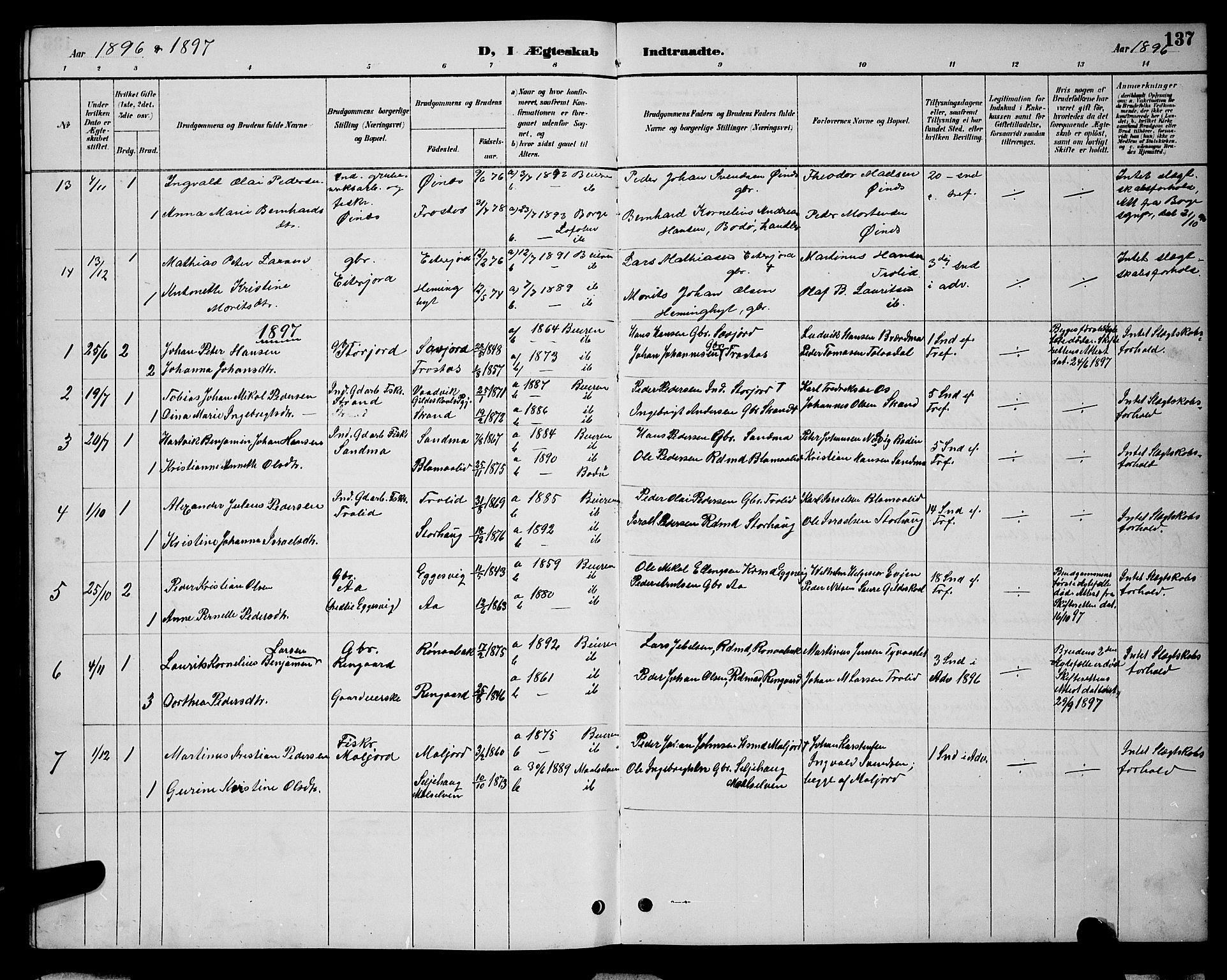 Ministerialprotokoller, klokkerbøker og fødselsregistre - Nordland, AV/SAT-A-1459/846/L0654: Parish register (copy) no. 846C04, 1887-1901, p. 137