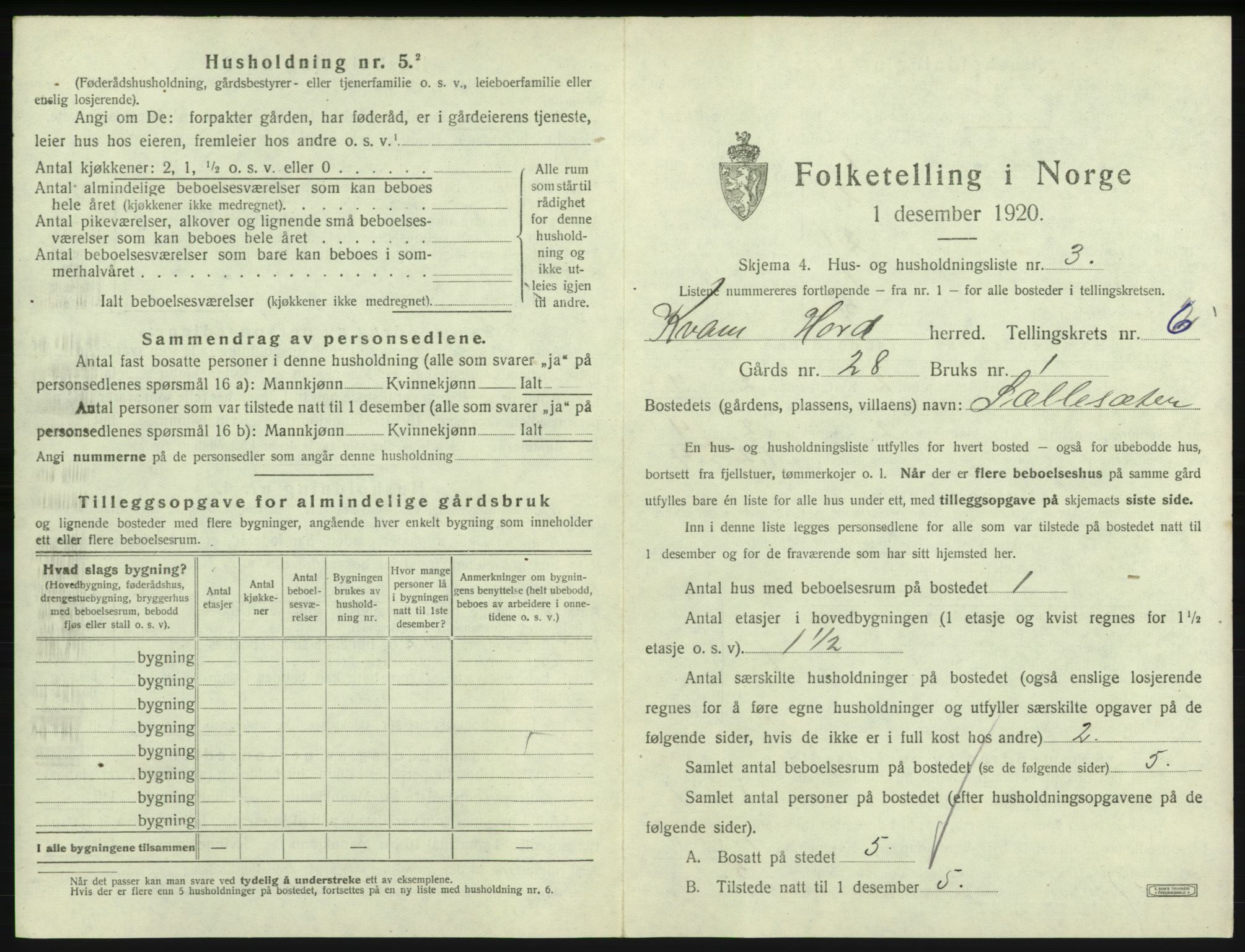 SAB, 1920 census for Kvam, 1920, p. 497