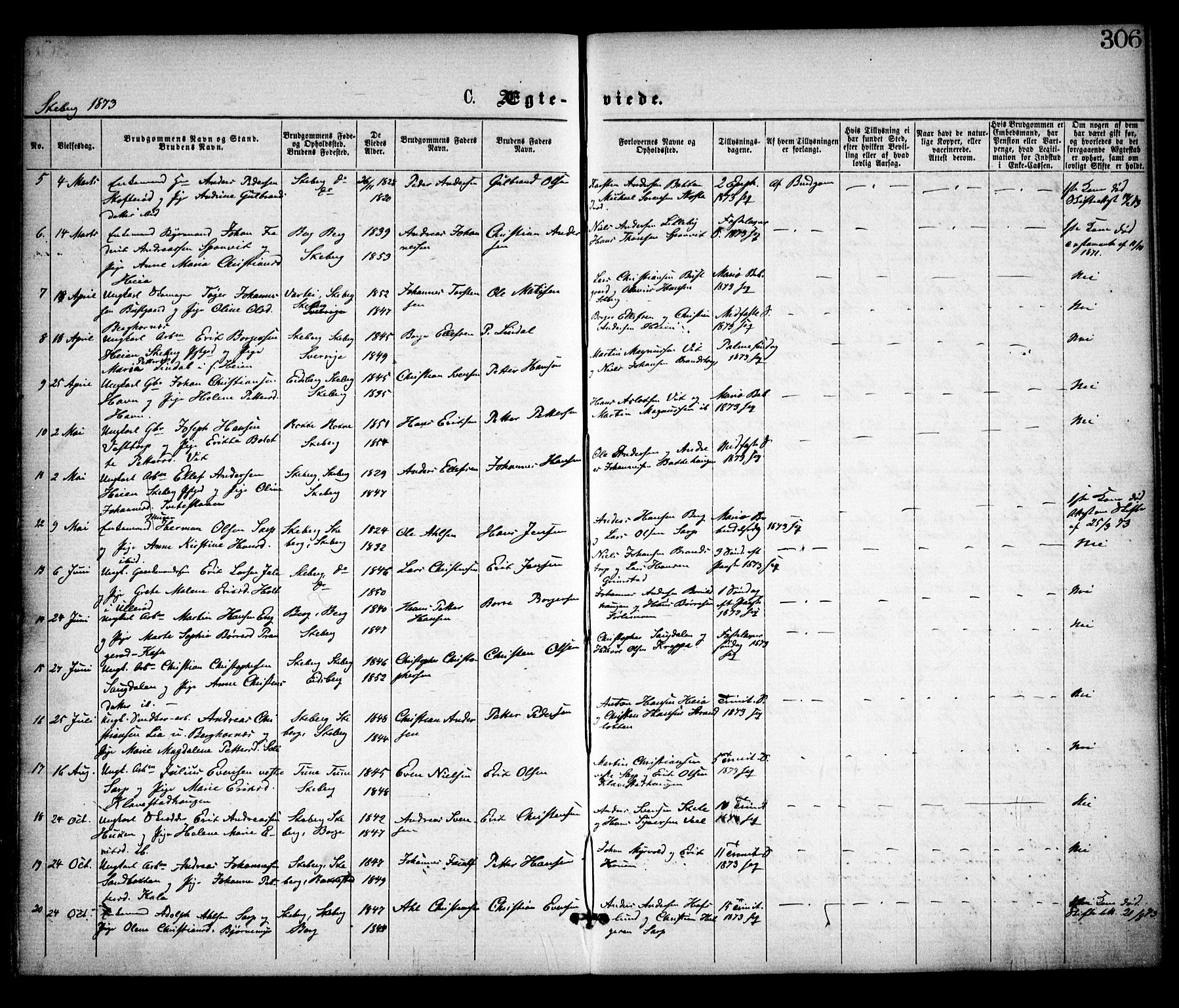 Skjeberg prestekontor Kirkebøker, AV/SAO-A-10923/F/Fa/L0008: Parish register (official) no. I 8, 1869-1885, p. 306