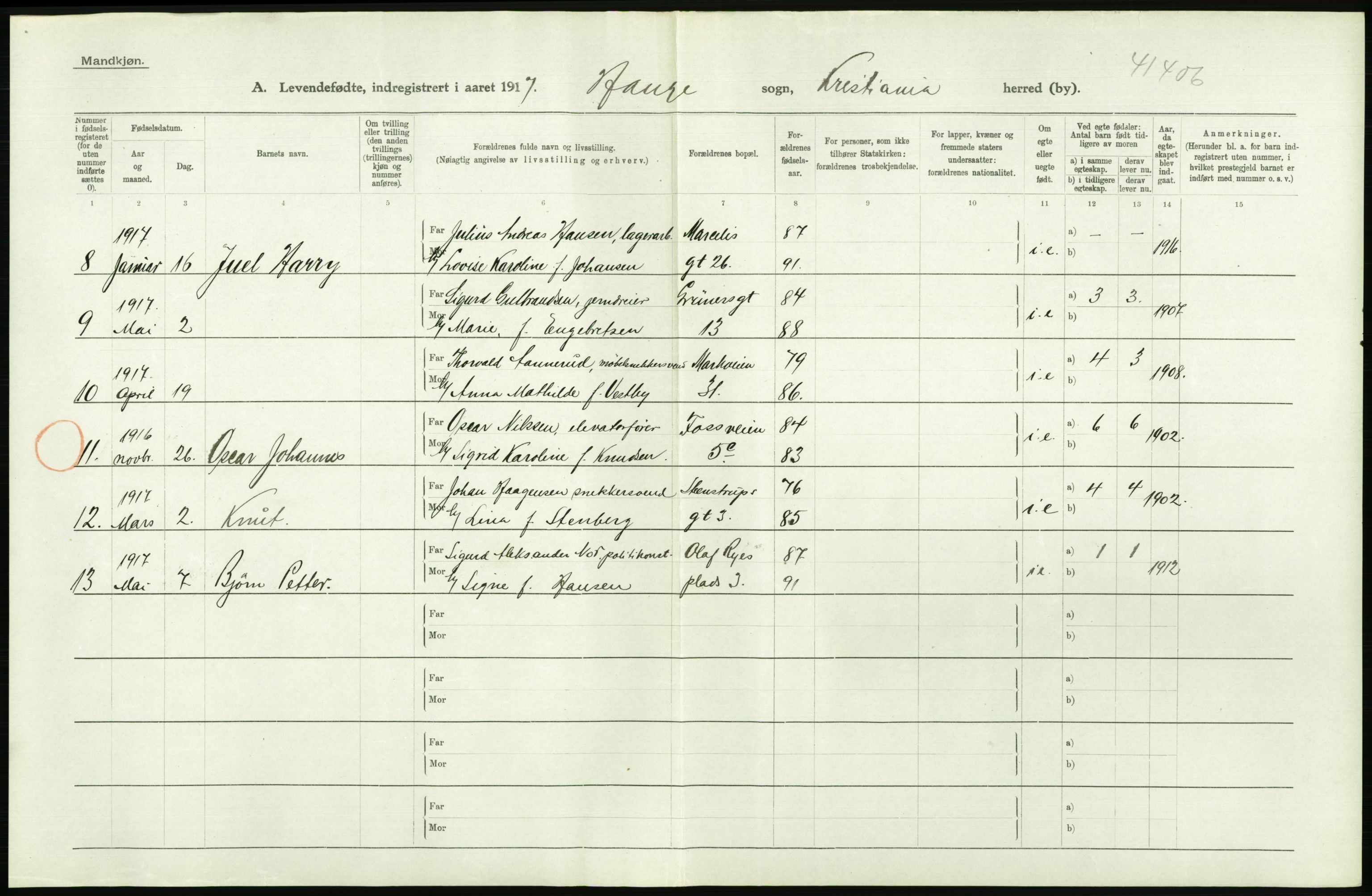 Statistisk sentralbyrå, Sosiodemografiske emner, Befolkning, RA/S-2228/D/Df/Dfb/Dfbg/L0006: Kristiania: Levendefødte menn og kvinner., 1917, p. 744