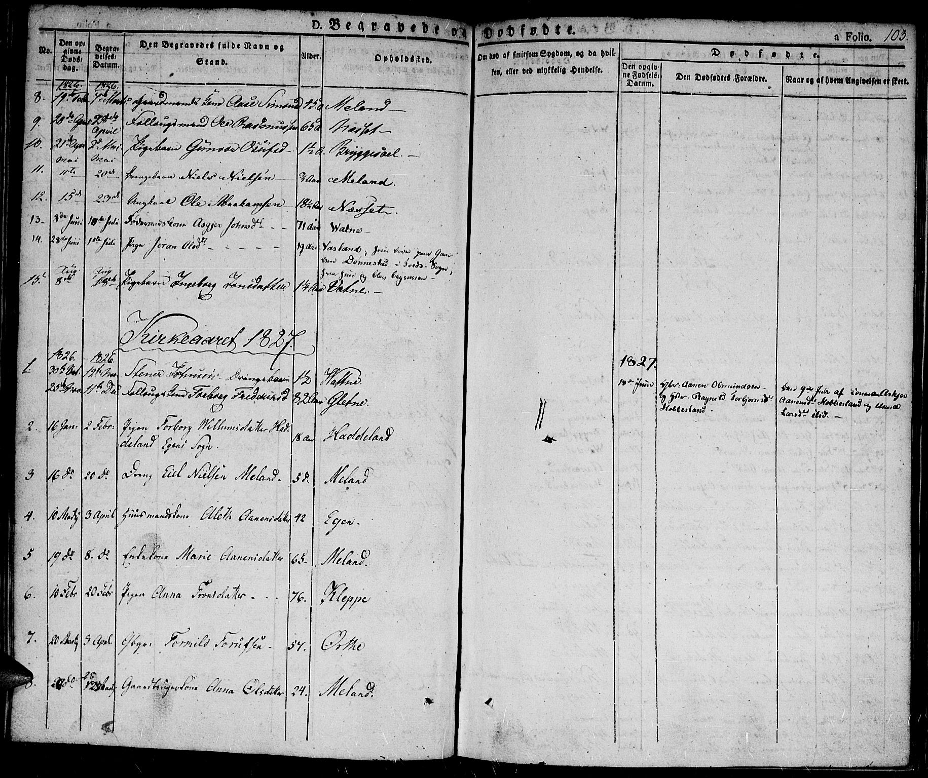 Hægebostad sokneprestkontor, AV/SAK-1111-0024/F/Fa/Fab/L0001: Parish register (official) no. A 1, 1823-1867, p. 103