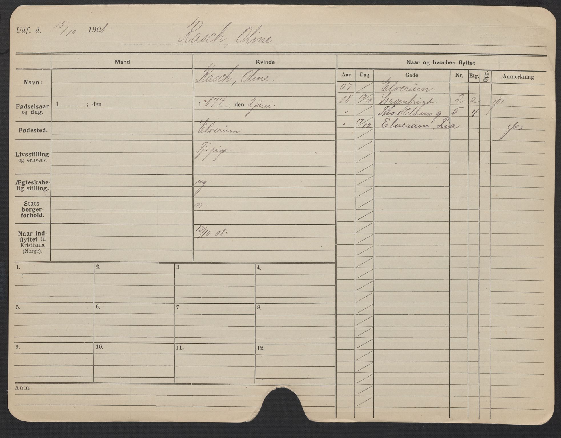 Oslo folkeregister, Registerkort, AV/SAO-A-11715/F/Fa/Fac/L0023: Kvinner, 1906-1914, p. 52a