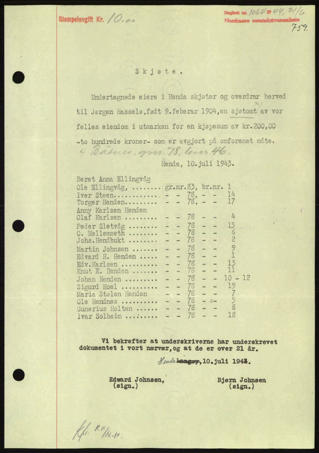 Nordmøre sorenskriveri, AV/SAT-A-4132/1/2/2Ca: Mortgage book no. A97, 1944-1944, Diary no: : 1064/1944