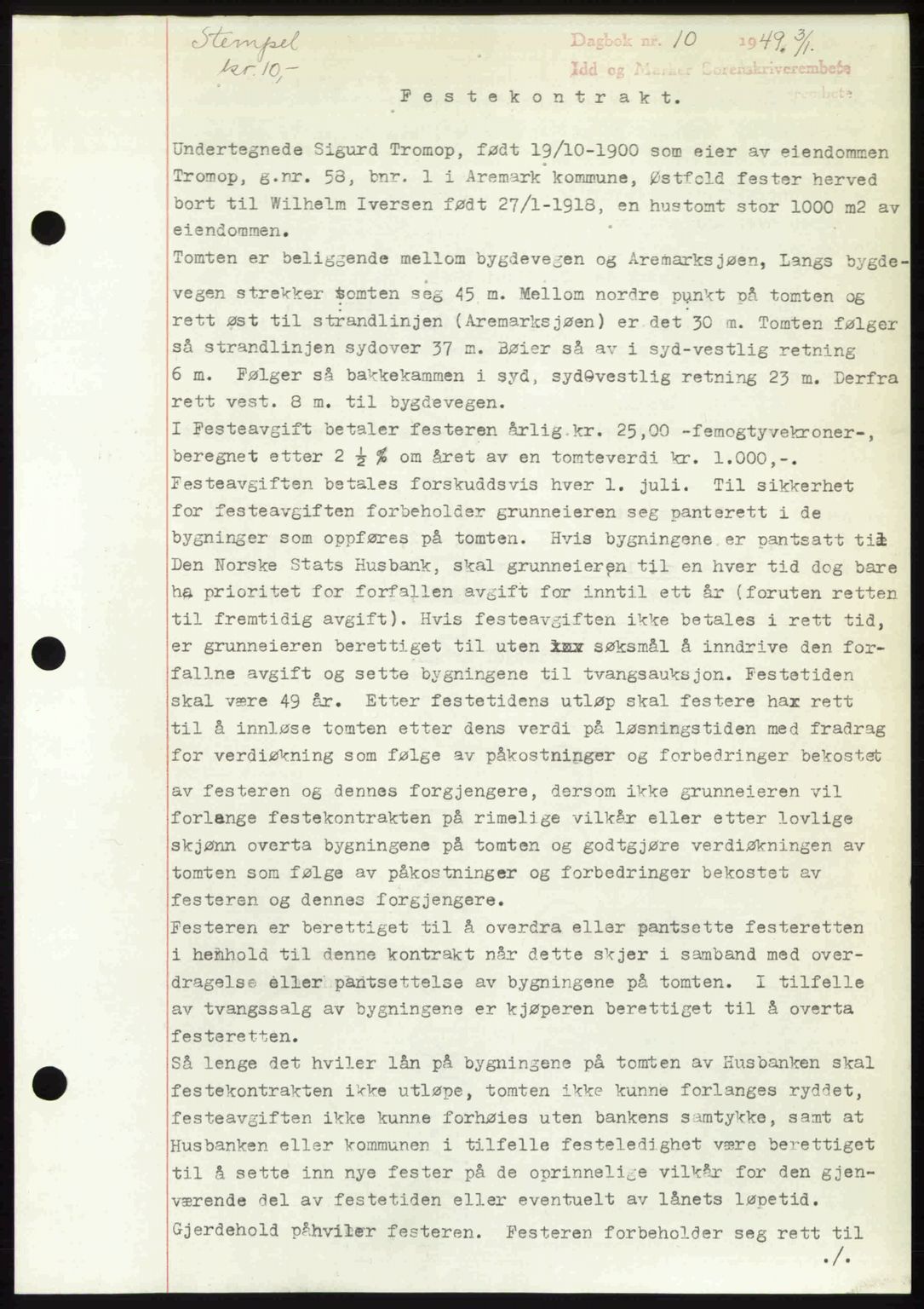 Idd og Marker sorenskriveri, SAO/A-10283/G/Gb/Gbb/L0011: Mortgage book no. A11, 1948-1949, Diary no: : 10/1949